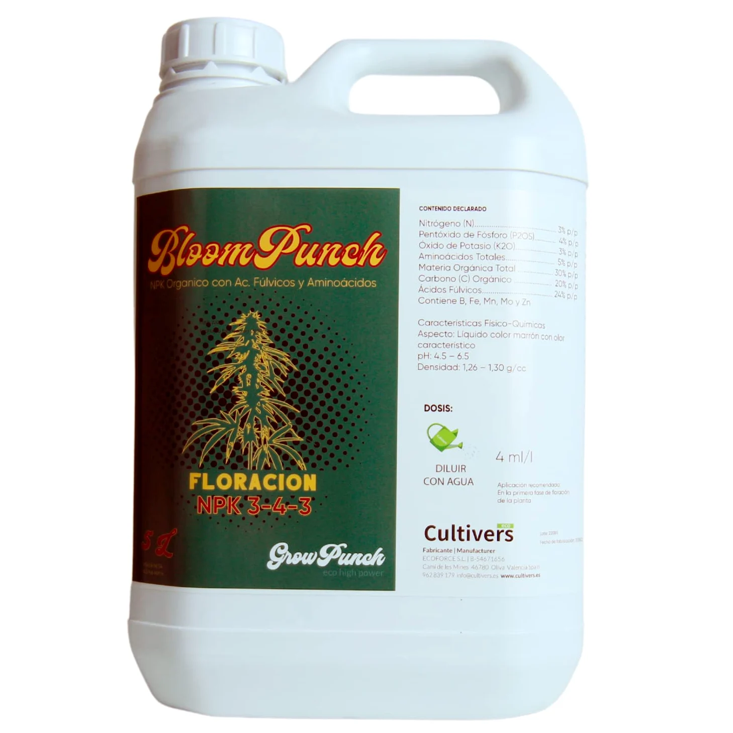 CULTIVERS BloomPunch Abono Floración Orgánico 5 L. NPK 3-4-3 con ácidos húmicos y áminoacidos. Fertilizante Vegano