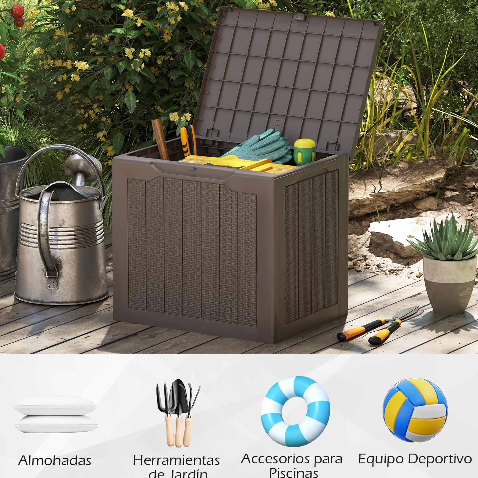 COSTWAY Arcón Jardin Exterior 96L, PP, Baul Almacenaje Exterior con Tapa Cerradura, Caja de Almacenamiento para Patio, 56 x 41 x 50,5 cm, Carga 150kg Terraza Balcón (café)
