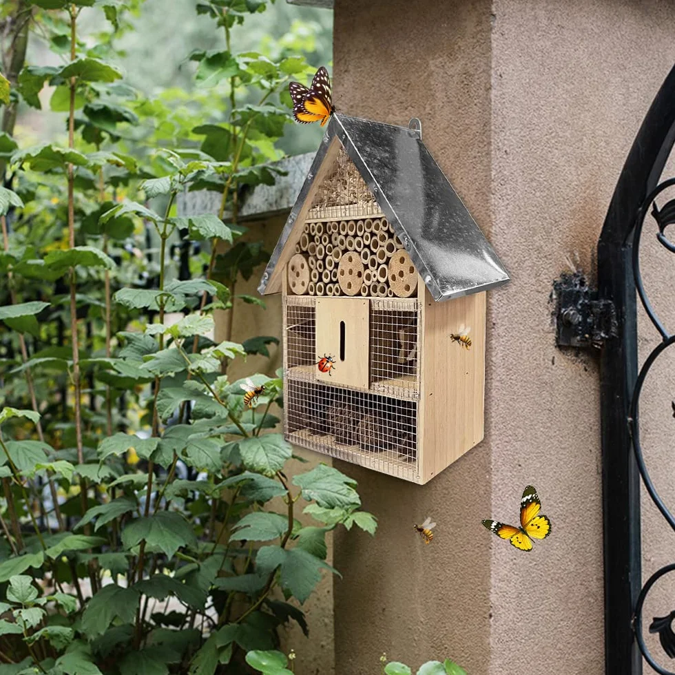 Hotel De Insectos para Exterior Colgar, Casa De Insectos De Madera para La Decoración del Jardín Arbol, Casita Insectos con Techo Metalico Y Gancho, para Abeja Mariposa Mariquitas Vivas Insectos