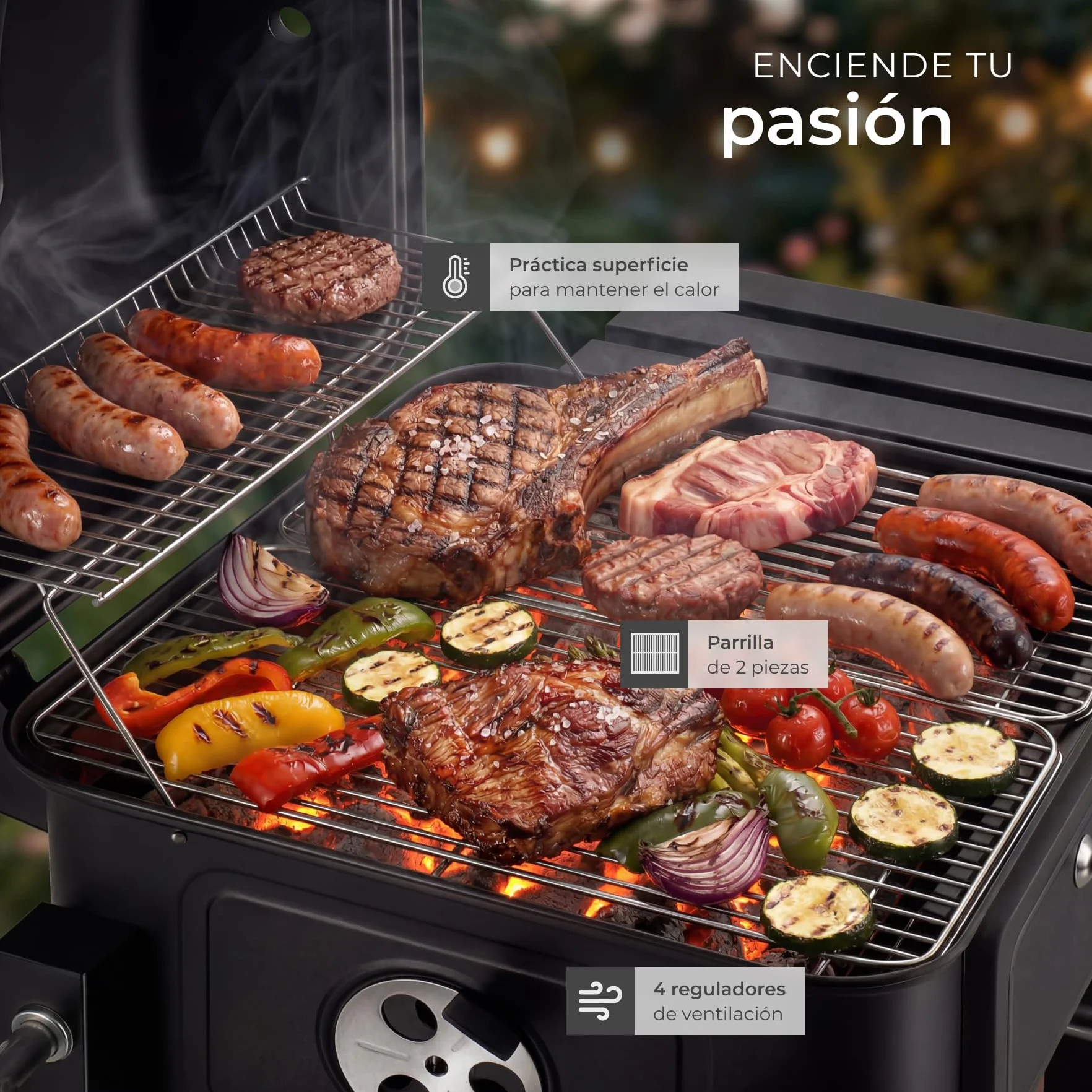 tectake® Barbacoa de Carbon con Tapa, Parrilla Barbacoa Carbon, BBQ Grill, Bandeja Regulable, Termómetro y Ruedas, con Ahumador de Alimentos, Asador de Carne - 64 x 110 x 104 cm