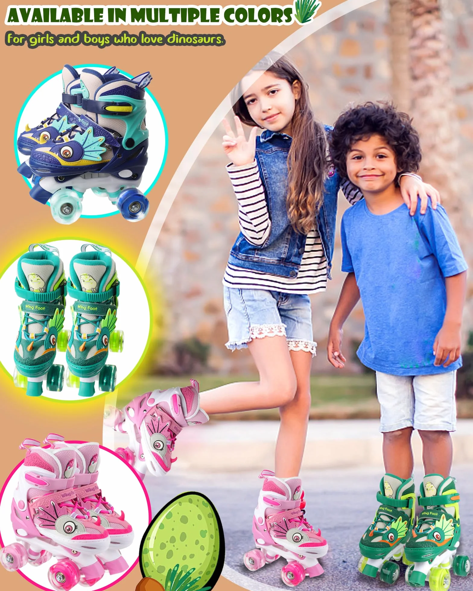 Patines para Niños Ajustables 4 Ruedas con Ruedas Luminosas Dinosaurio Quad Principiantes