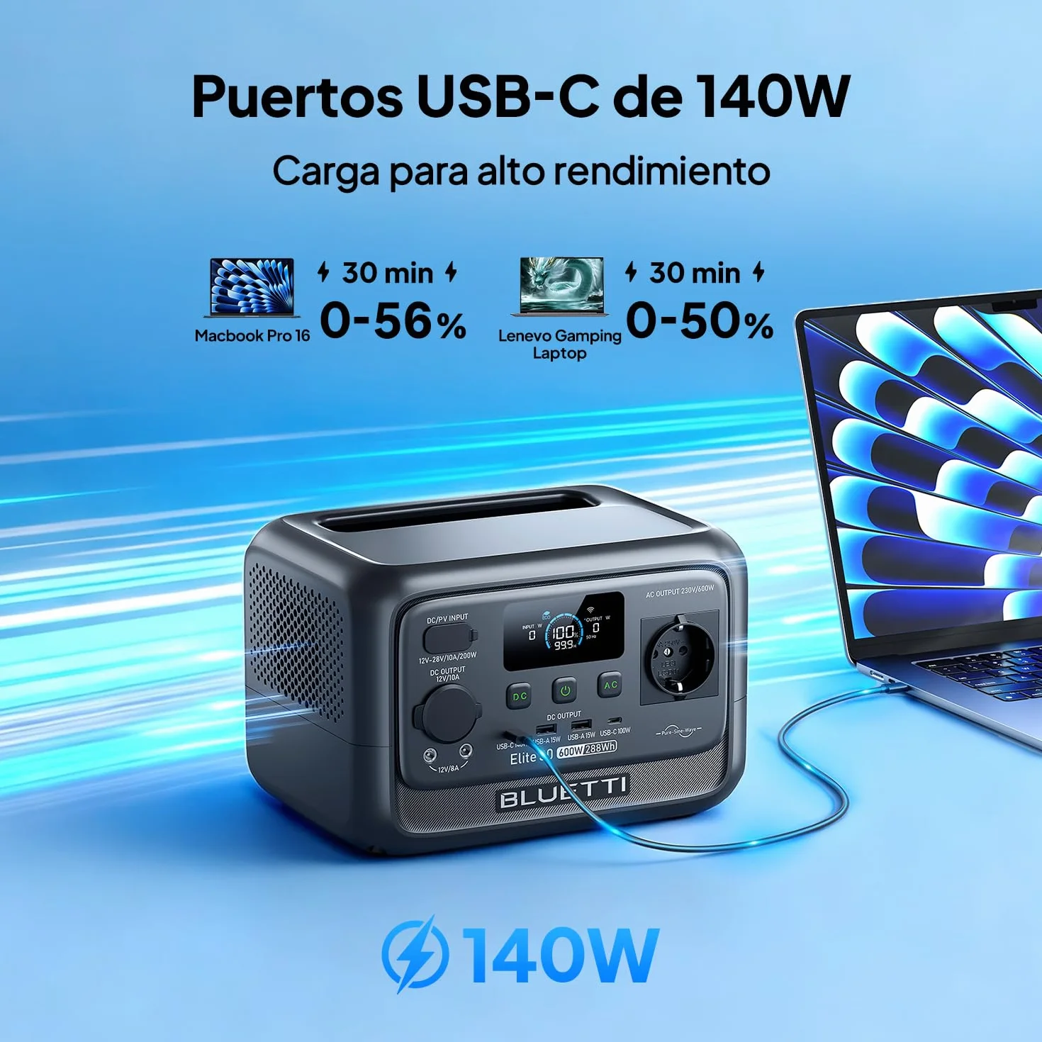 BLUETTI Elite 30 V2 Estación de Energía Portátil, Generador Solar de 288Wh, 600W Salidas CA (Power Lifting 1500W), Batería LiFePO4 de Carga Rápida para Camping, Viajes por Carretera y Cortes de Luz