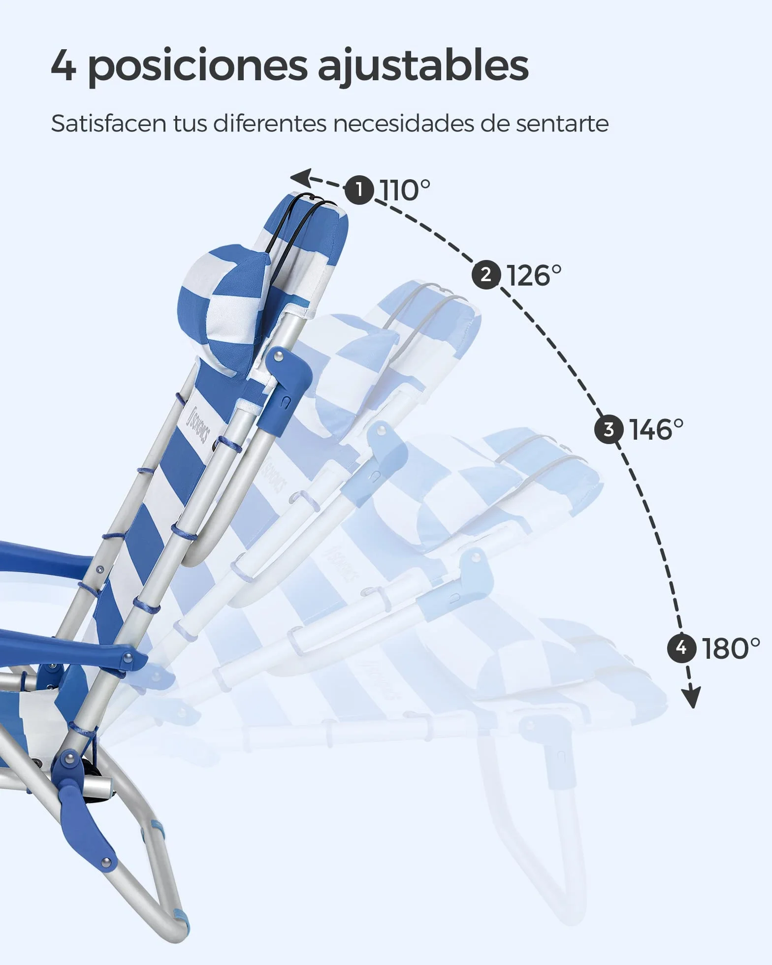 SONGMICS - Silla de Playa, Silla Plegable para Camping, con Correa, Respaldo Ajustable, reposacabezas, apoyabrazos, 2 Fundas Laterales, Azul y Blanco GCB62BU