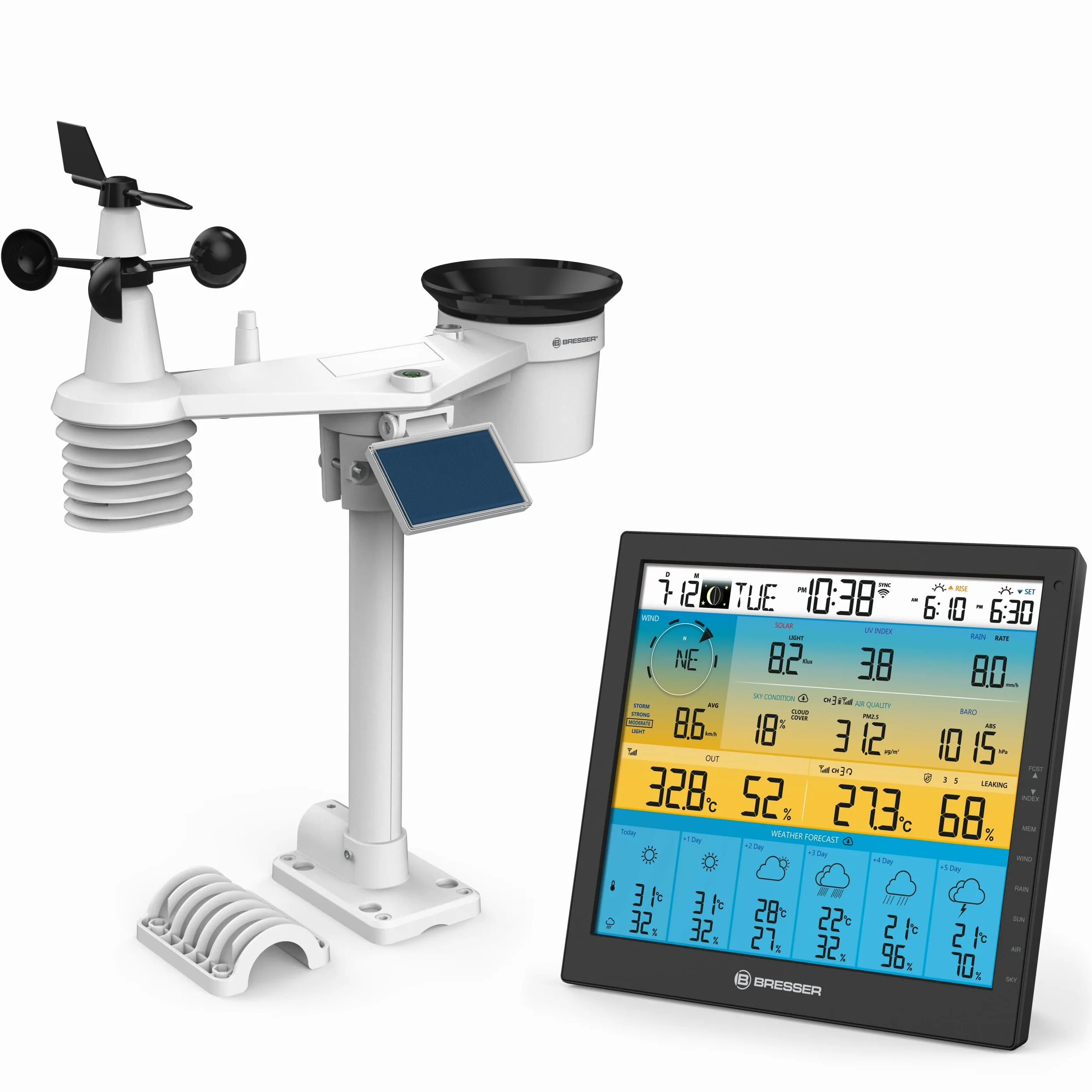 BRESSER 4CAST Estación meteorológica radiocontrolada Solar 7 en 1 con Sensor Exterior y WLAN con previsión meteorológica para 6 días y Otros Muchos Datos de medición meteorológica