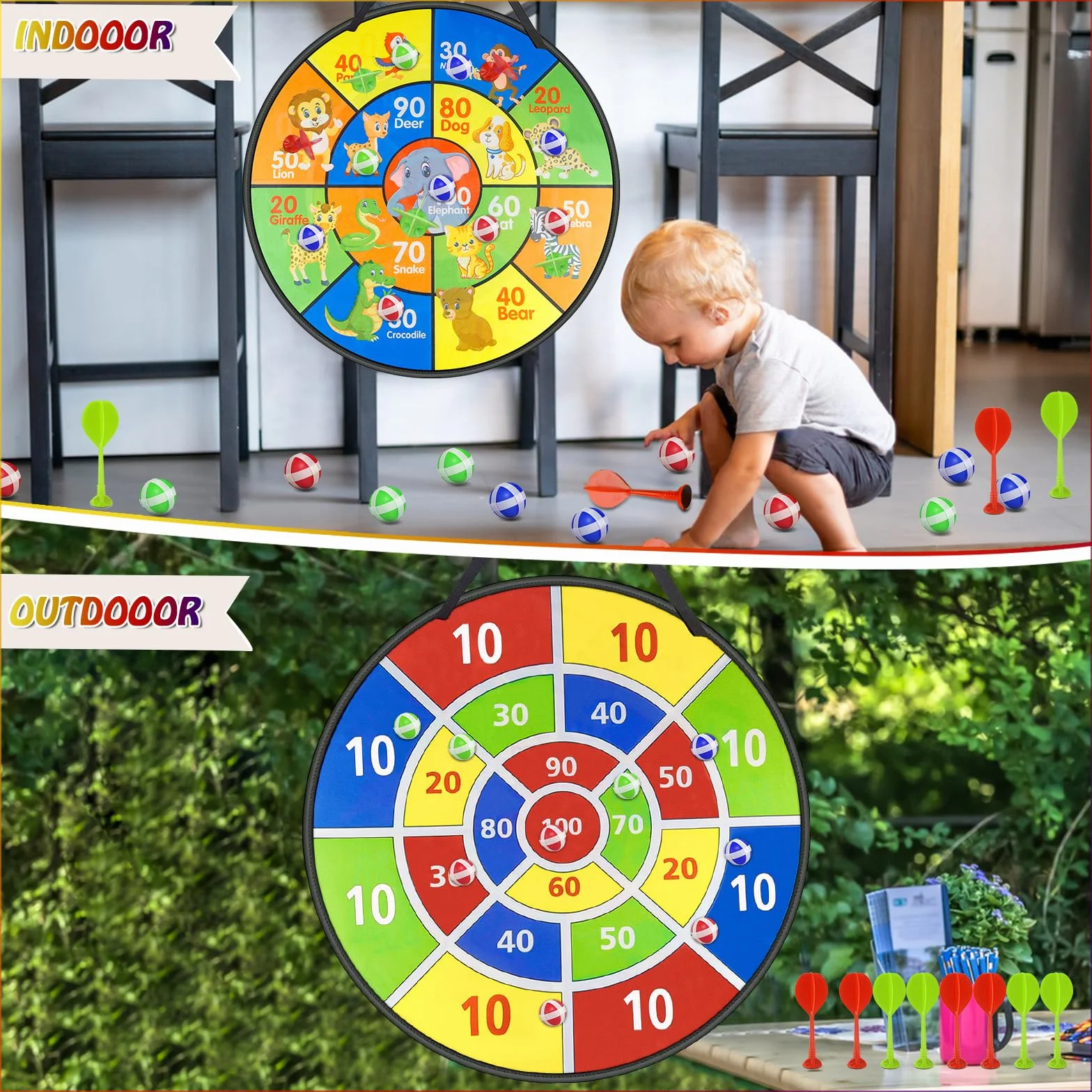 Tablero de Dardos de Doble Cara 72cm Juego de Dardos Seguro Plegable con 18 Bolas 12 Dardos