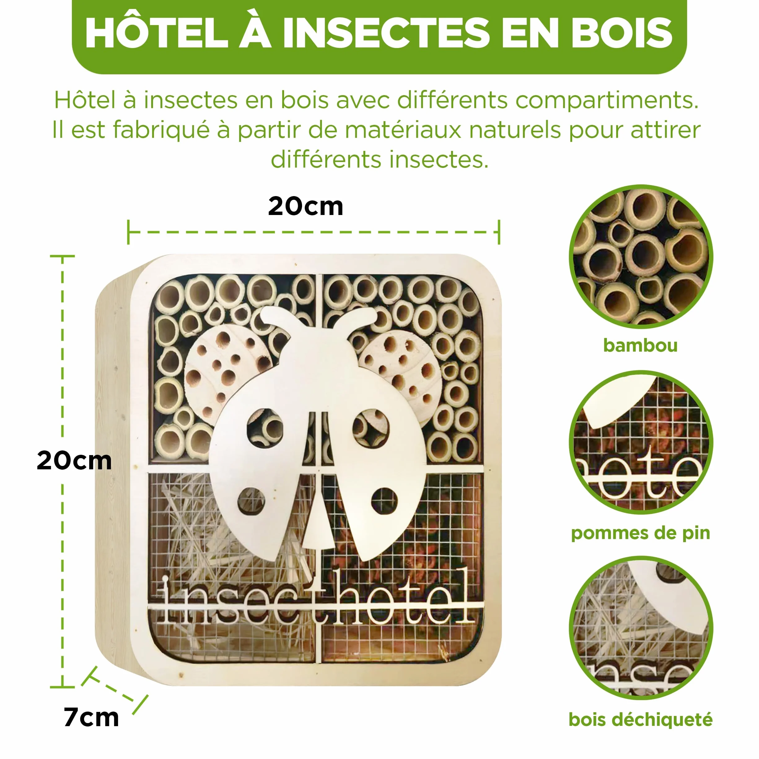 ISOTRONIC Hotel para Insectos de Madera Natural – Casa para Abejas, Mariquitas y Otros Insectos – Hotel de bambú para Abejas, Ideal para jardín y balcón – Diseño Moderno de Panal (Mariquita)