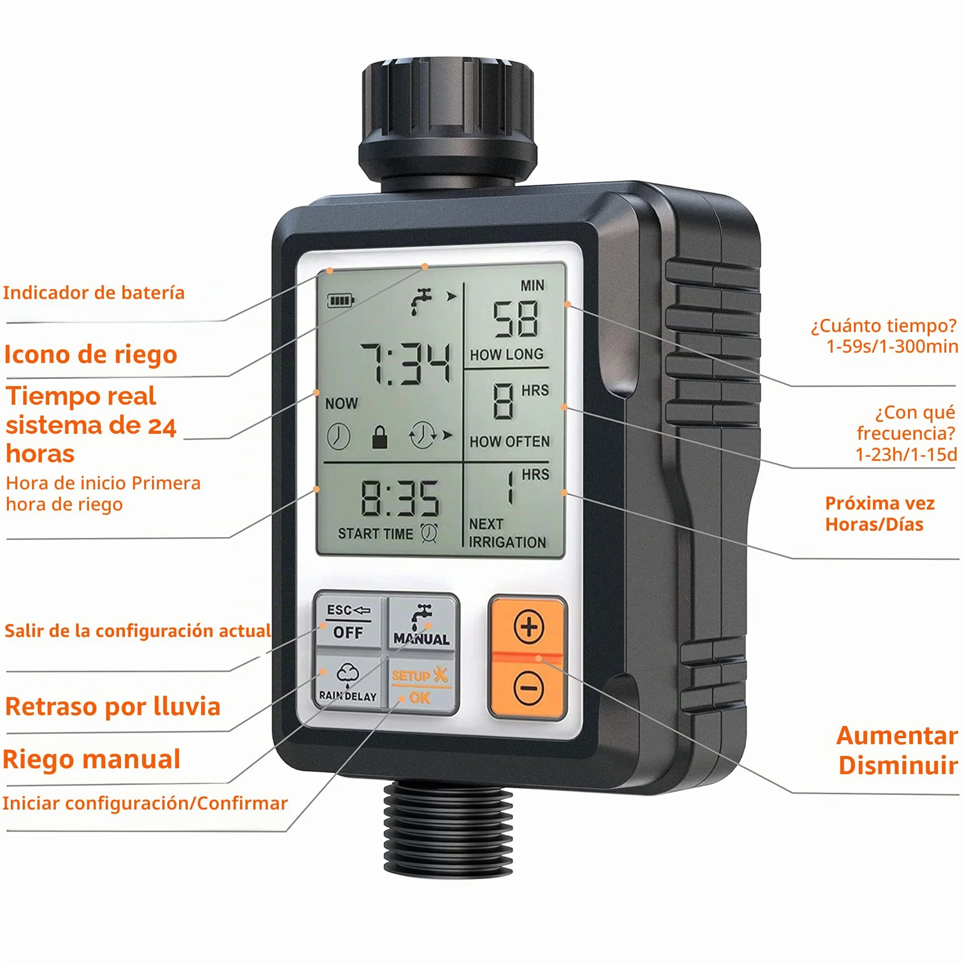 CROSOFMI Programador Riego Jardin Temporizador de Riego Automatico Control Pantalla Grande de 3 Pulgadas Naranja