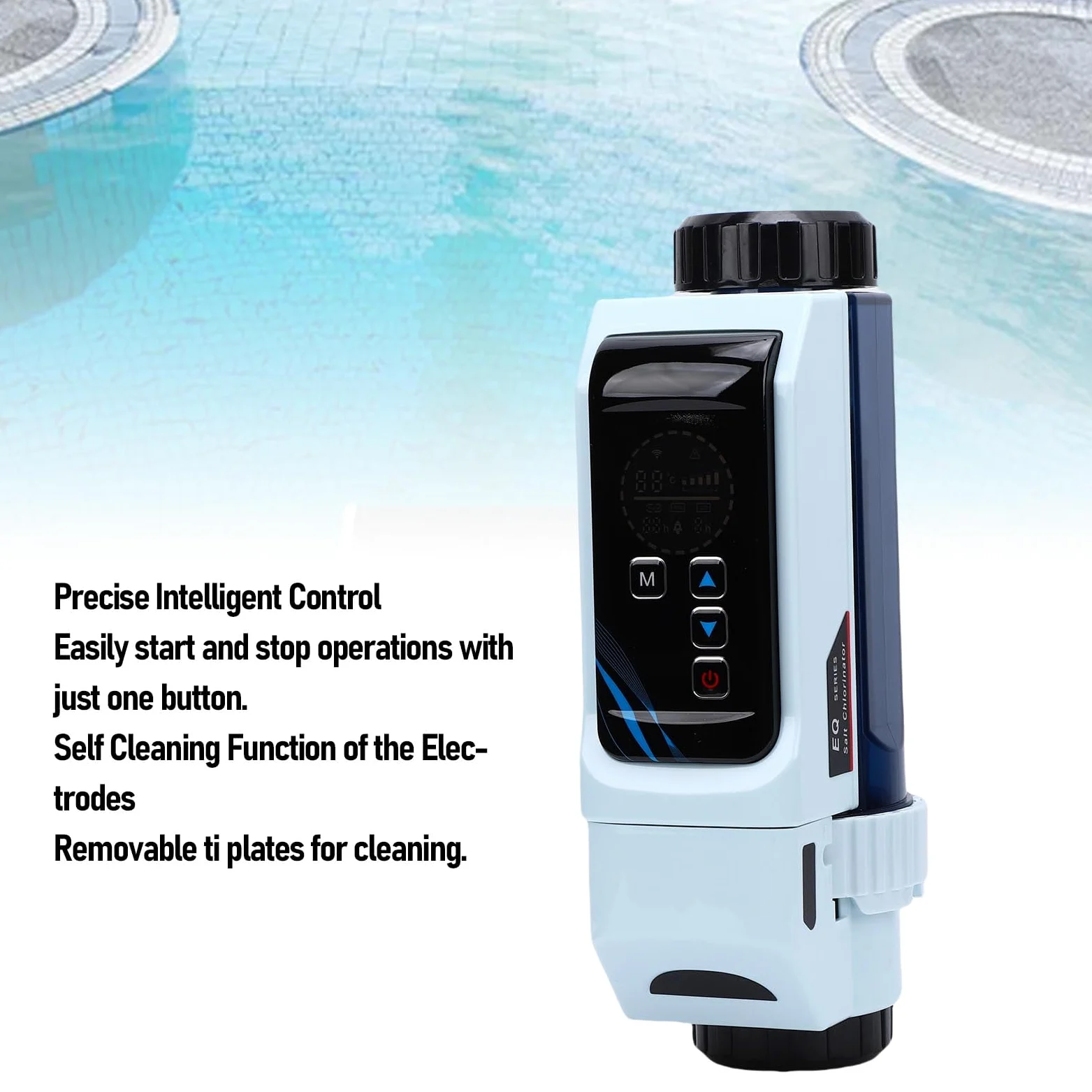 Clorador Salino Inteligente para Piscina, Producción de 32G/h Cl con Placas Ti Autolimpiantes Control WiFi Salida Ajustable 20-100% para SPA Natación Tanque de hasta 160m³