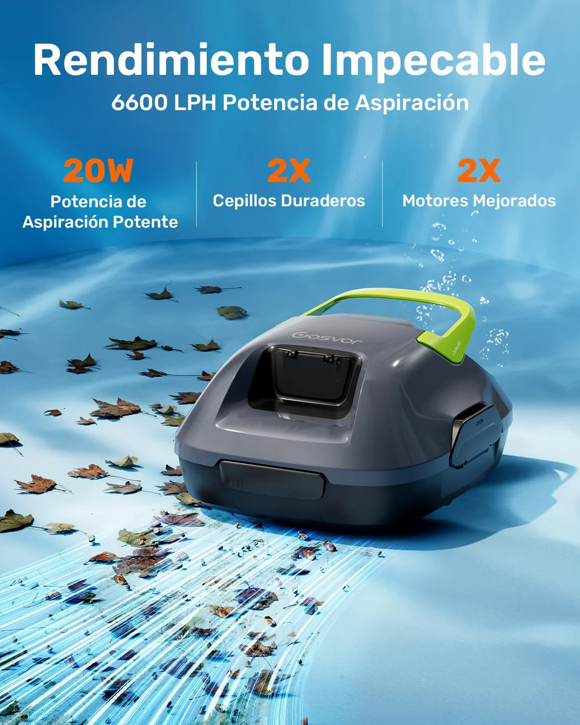 Gosvor (Nuovo 2026) Robot Limpiafondos Piscina Inalámbrico - Aspirador Piscina, 90 Min Autonomía, Autoestacionamiento, Fácil Uso, Robot Piscina para Suelo, Piscinas 80m²,Gris y Verde