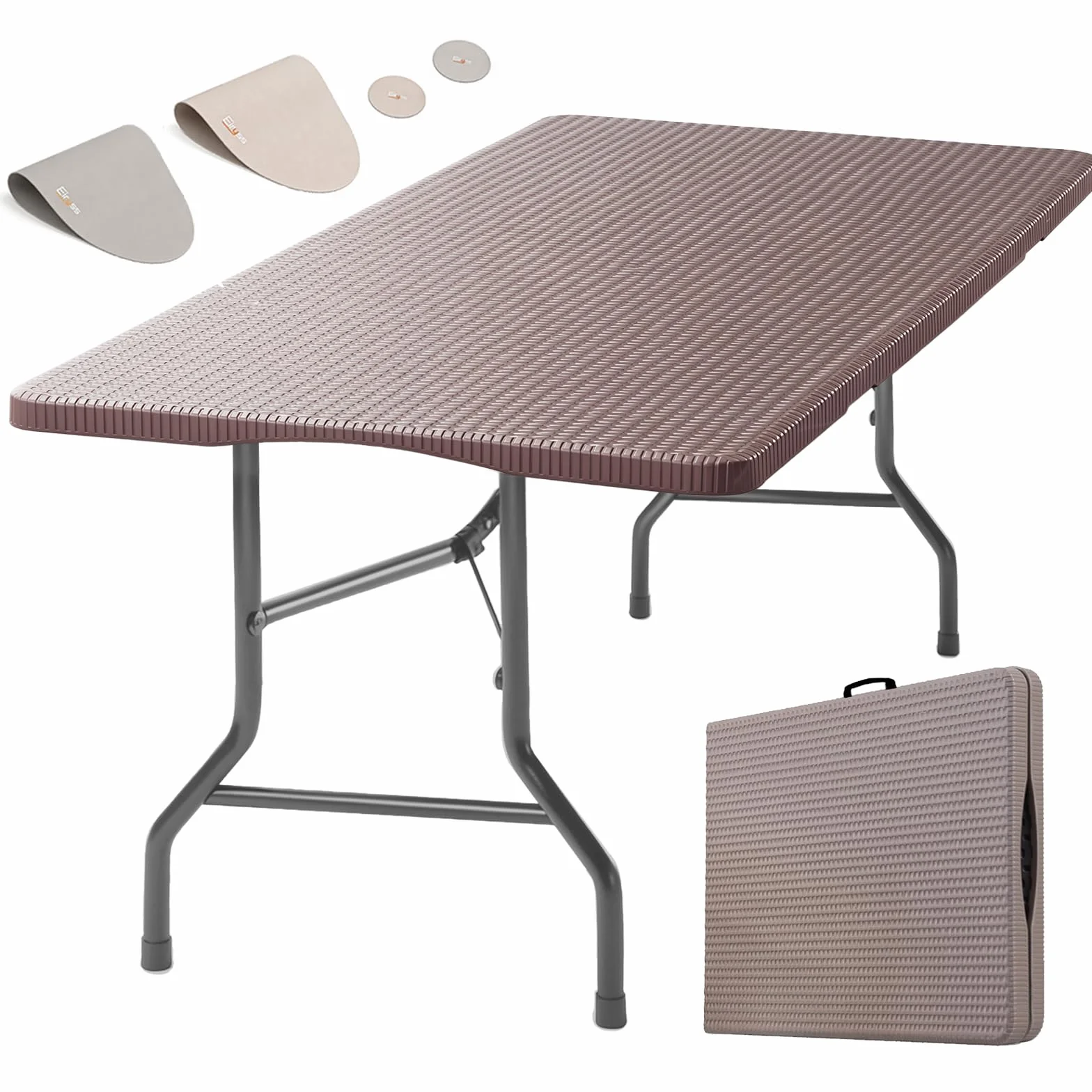 Mesa Plegable Exterior 180x70cm, Mesa de Jardín Plegable 8 Personas, Marrón con Tablero Plástico Efecto Mimbre y Estructura Hierro, 150 kg, 3 Cierres Seguridad, Mesa Buffet Terraza Balcón