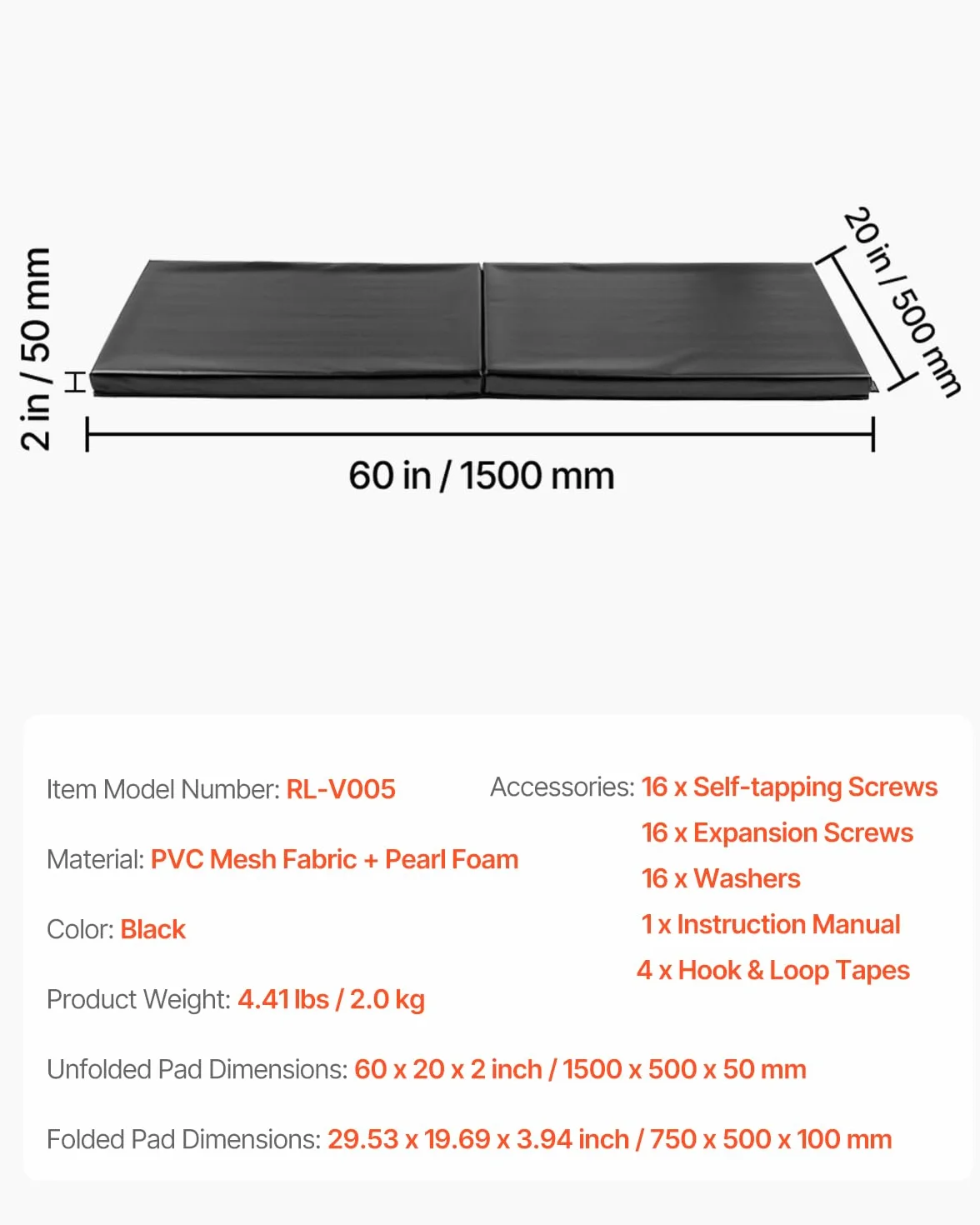 VEVOR Acolchado de Pared para Gimnasio, Espuma de Alta Densidad 50 mm, Impermeable, 1500 x 500 x 50 mm, Negro