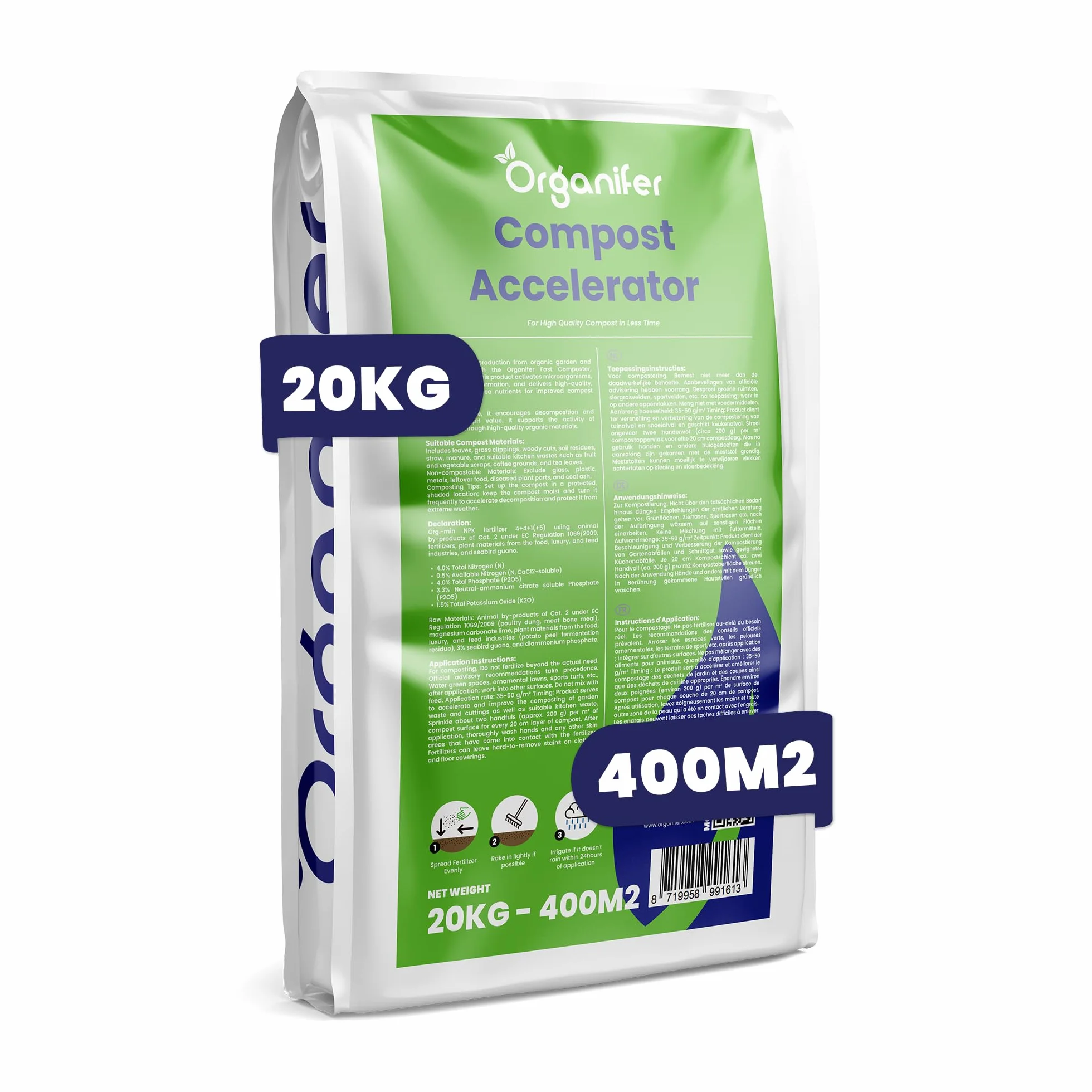 Acelerador De Compost - 20 Kg Para 100-400 M²/20 M³ - Para Residuos De Jardín Y Cocina - Compost Rico En Humus, Inodoro, Mejora La Vida Del Suelo - Guano Orgánico - Organifer