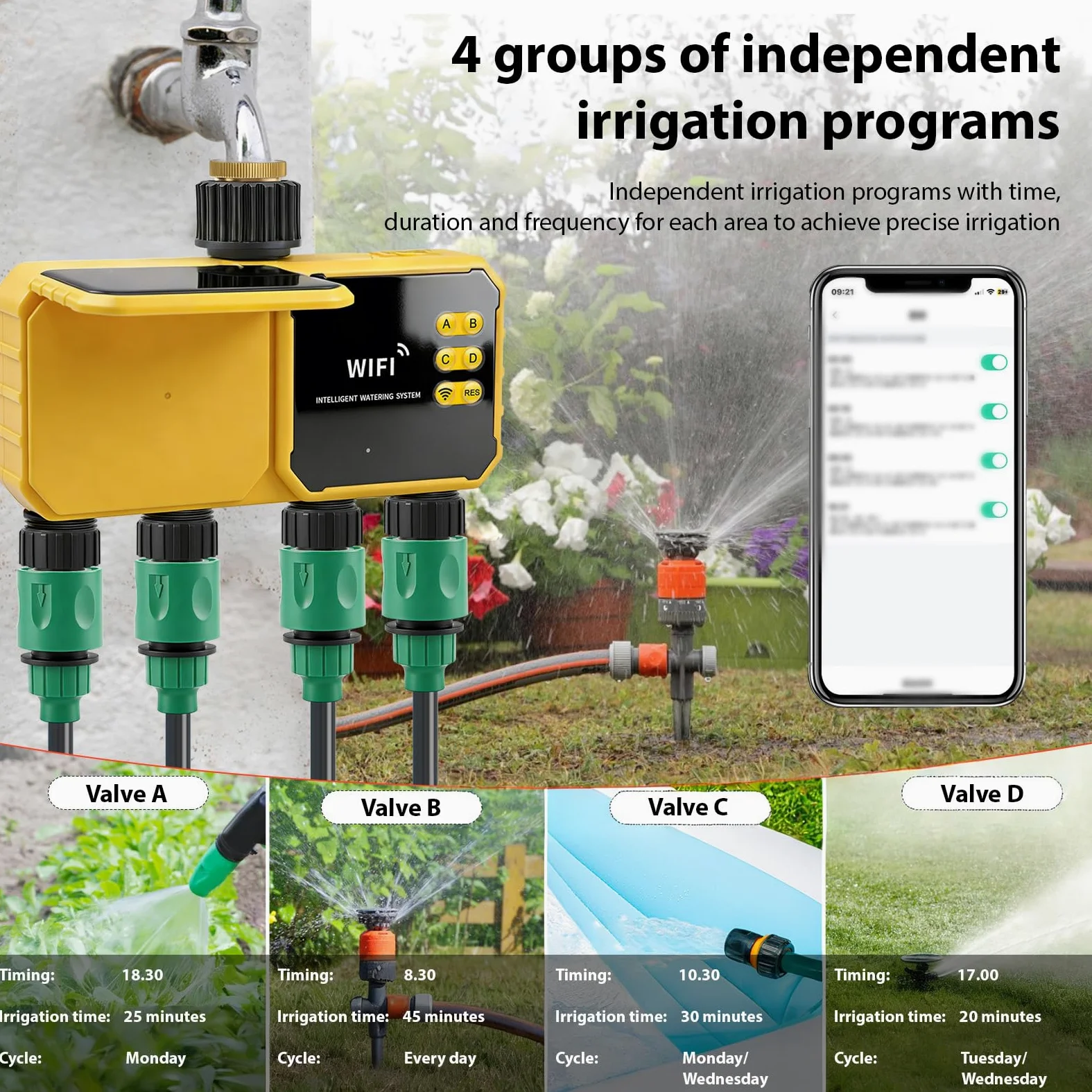 Temporizador Riego Solar, 4 Zonas WiFi Controlador Válvula Agua Solar Inteligente Control Aplicación Sensor Lluvia Temporizador Agua para Patio Exterior Jardín Playas Patio