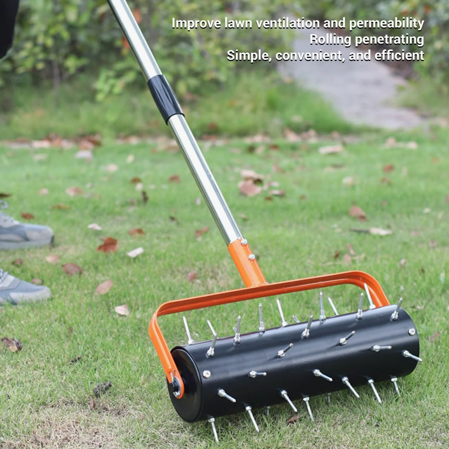 Topiky Aireador de Césped Rodante con 42 Púas Tratadas Térmicamente, Aireador de Púas de Empuje con Ajustable para Compactación del Suelo del Césped, Rodillo de de con Núcleo de Acero Duradero para