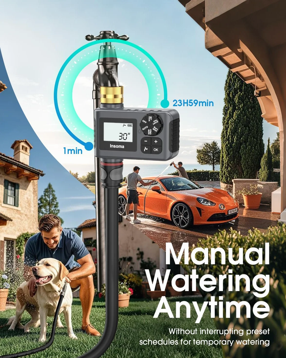 Temporizador de agua para manguera de jardín al aire libre, temporizador de manguera con retardo de lluvia/modo manual, sistema de controlador automático de riego por goteo para riego de césped, patio