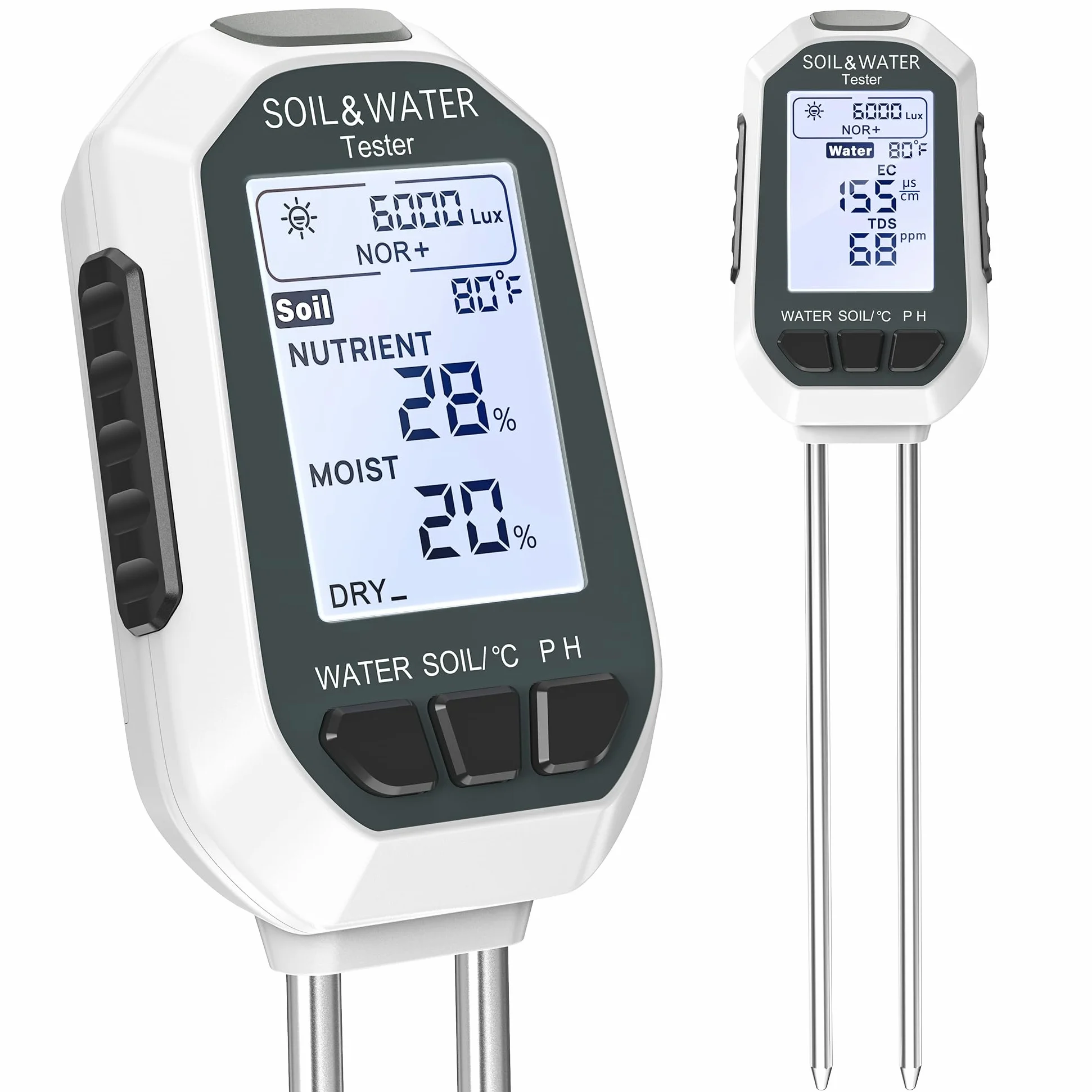 Analizador de suelo 7 en 1: mide la calidad del agua, el pH, la humedad, la temperatura, la luz, los nutrientes, la conductividad, etc. Apto para interiores, jardines y exteriores.