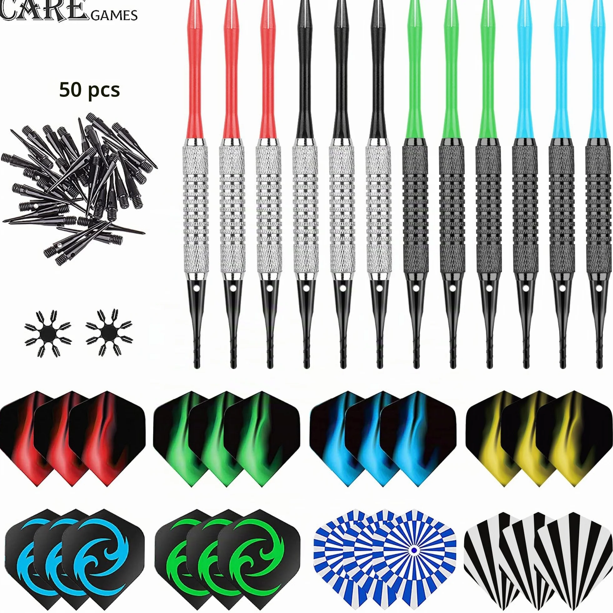 Dardos Punta Plastico para Dianas Electronicas Profesionales 24 Plumas 8 Patrones 50 Puntas 2 Protectores