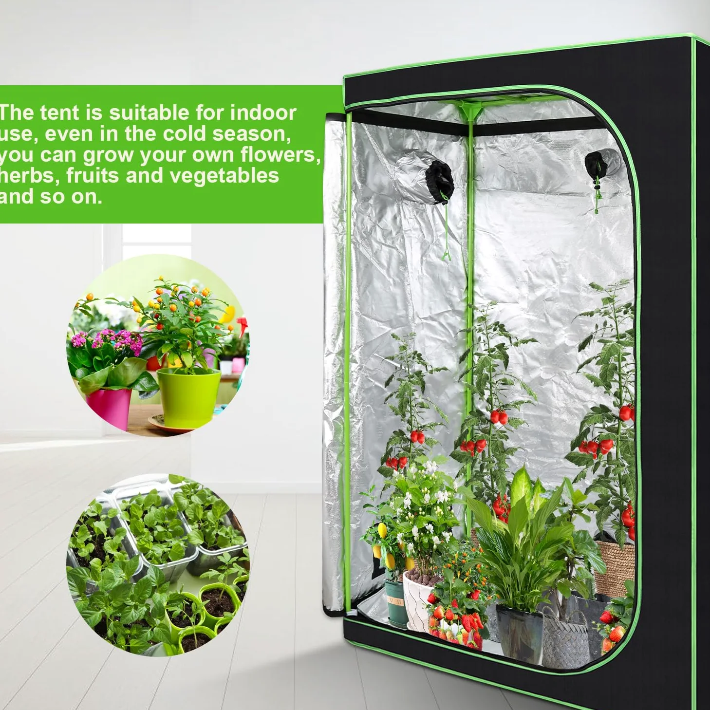 Daromigo Tienda de campaña para cultivo de plantas de color negro y verde, 120 x 60 x 180 cm, invernadero interior para plantas, carpas de cultivo con ventilación y reflectante Mylar Homegrowing