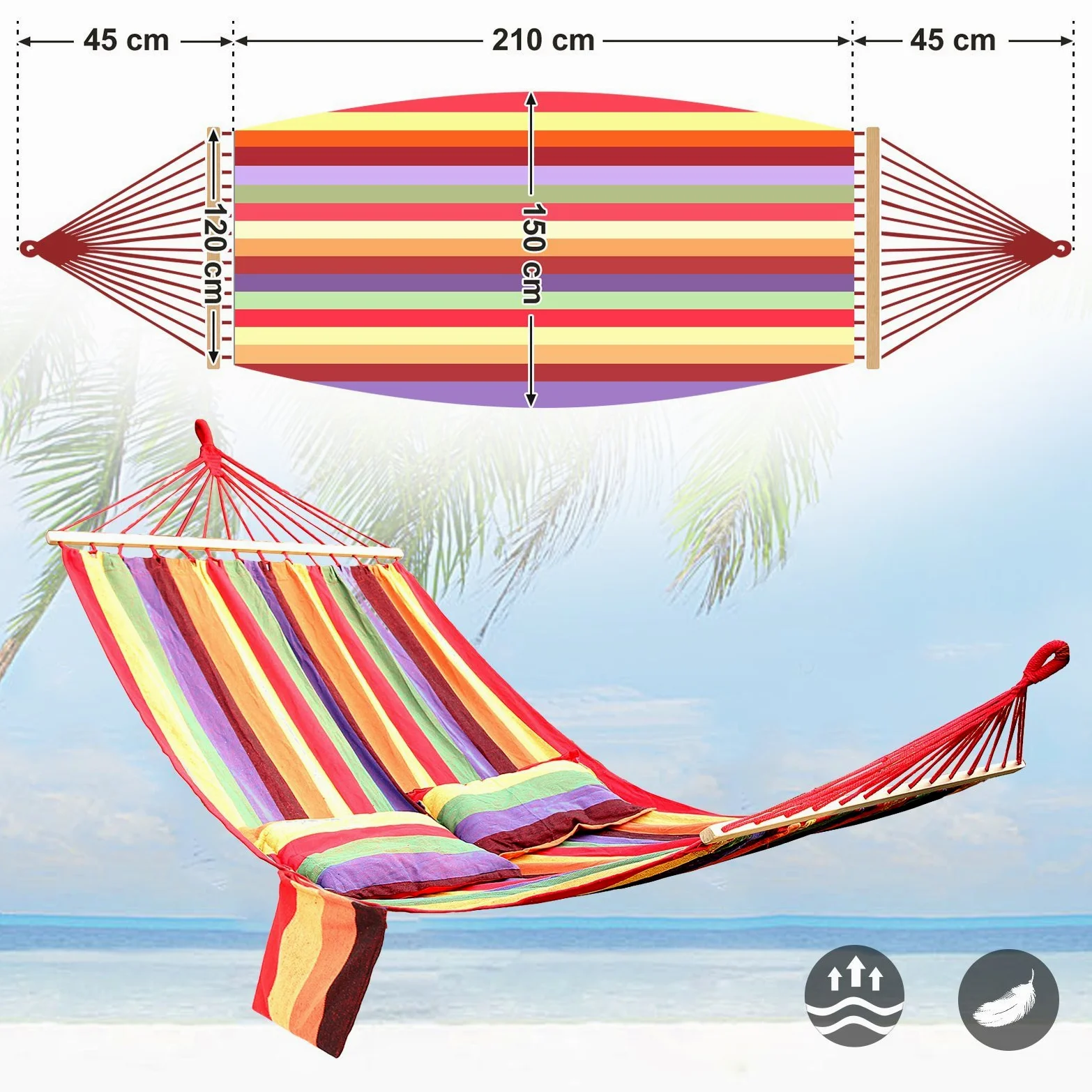 SONGMICS Hamaca con travesaño Tela de Polialgodón 210 x 150 cm Carga de 300 kg GDC22W