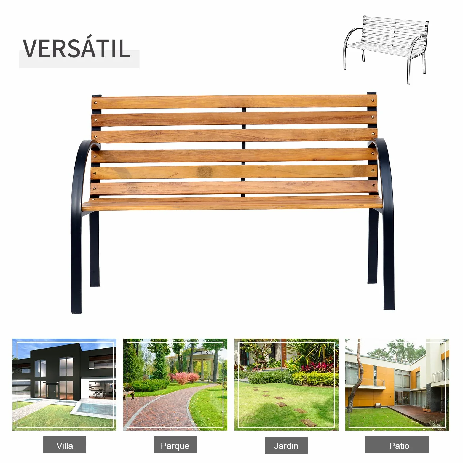 Outsunny Banco de Jardín de Madera 2 Plazas 122x60x83 cm Respaldo Apoyabrazos Acero Carga 220 kg Natural Negro
