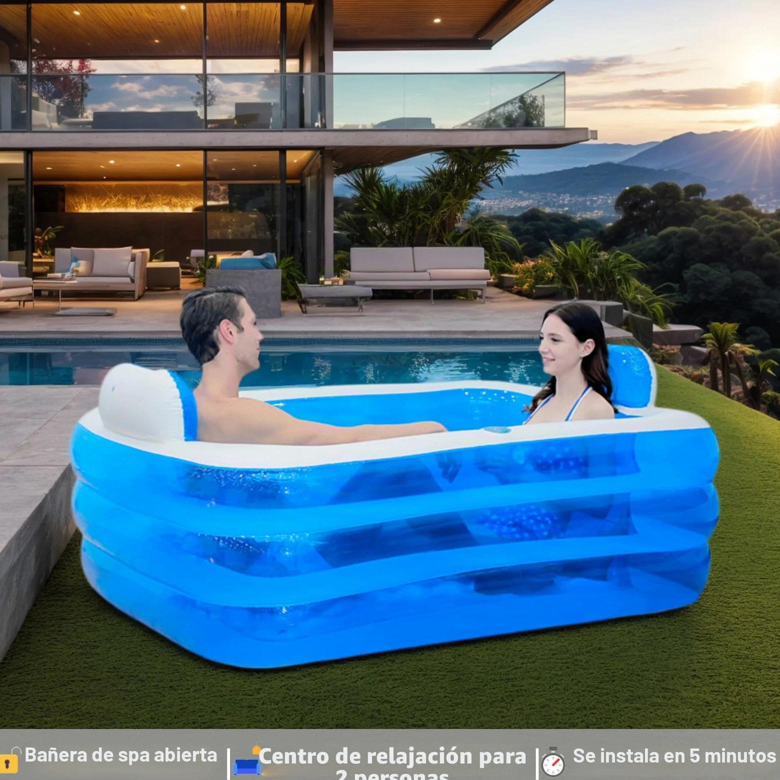 Piscina inflable, bañera plegable inflable para adultos, piscina infantil para balcón, jardín, piscina rectangular con gran respaldo trasero asiento y soporte para