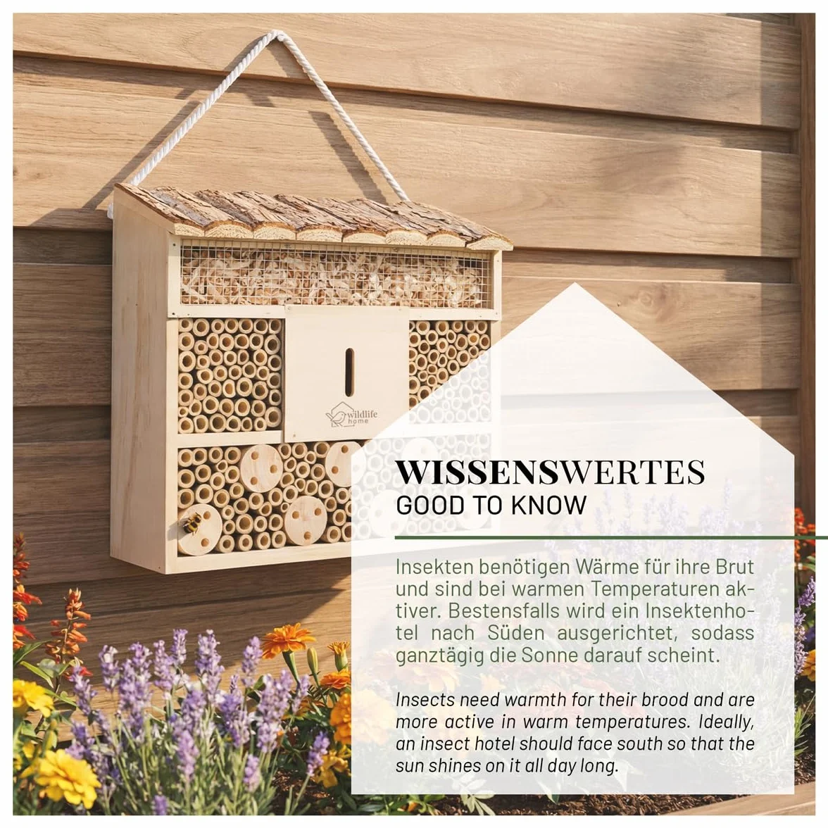 WILDLIFE HOME Hotel para insectos con techo de corteza I Sin tratar, casa de abejas de madera maciza para abejas, mariquitas y crisopas, casa de insectos I Nido para colgar hotel para insectos