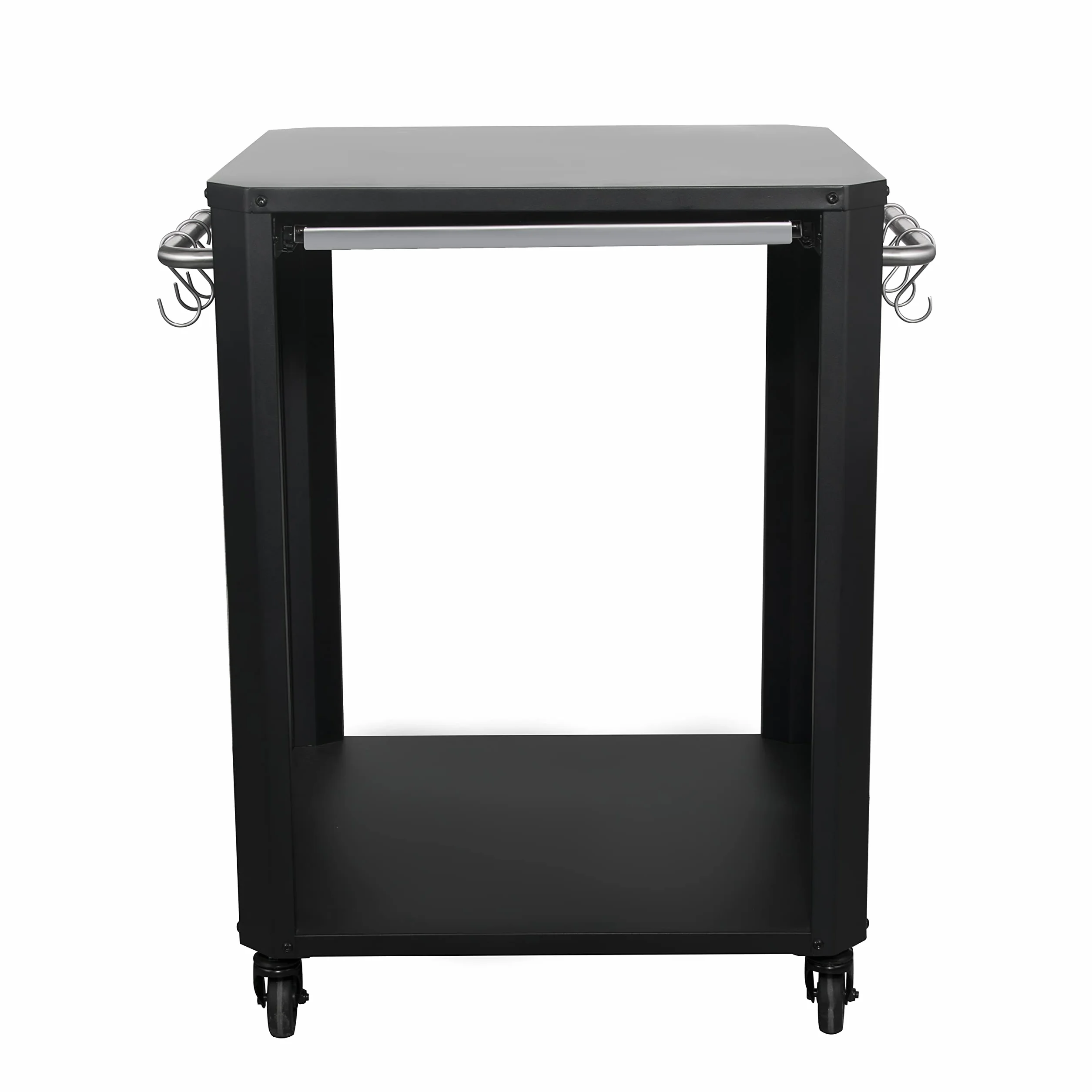 Cozze® | Mesa Exterior con Tabla de Corte Extensible | para hornos hasta 60 cm | Asas Laterales con 6 Ganchos de Acero Inoxidable | Ruedas de Goma Ø75 mm | Espacio para bombona | Acero Lacado Negro