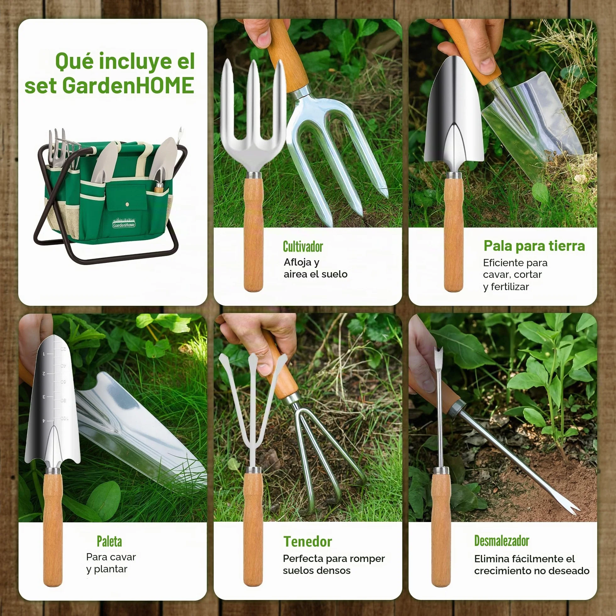 GardenHome Taburete Plegable para Jardinería 7 en 1 - Incluye Juego de Herramientas de Jardín de Acero Inoxidable de 5 Piezas y Estuche de Transporte Gratuito