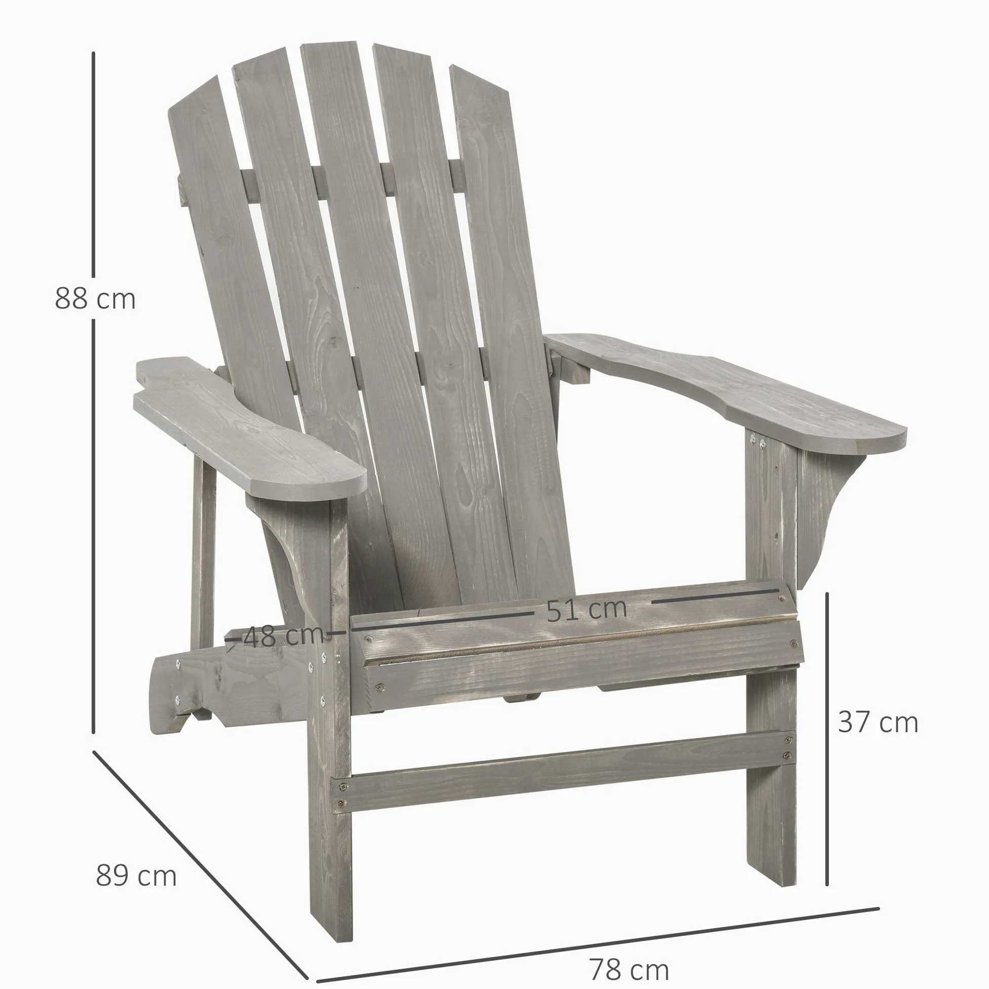 Outsunny Silla Adirondack de Madera Silla de Jardín con Asiento Extra Ancho Carga 150 kg para Patio Terraza Balcón 78x89x88 cm Gris Claro