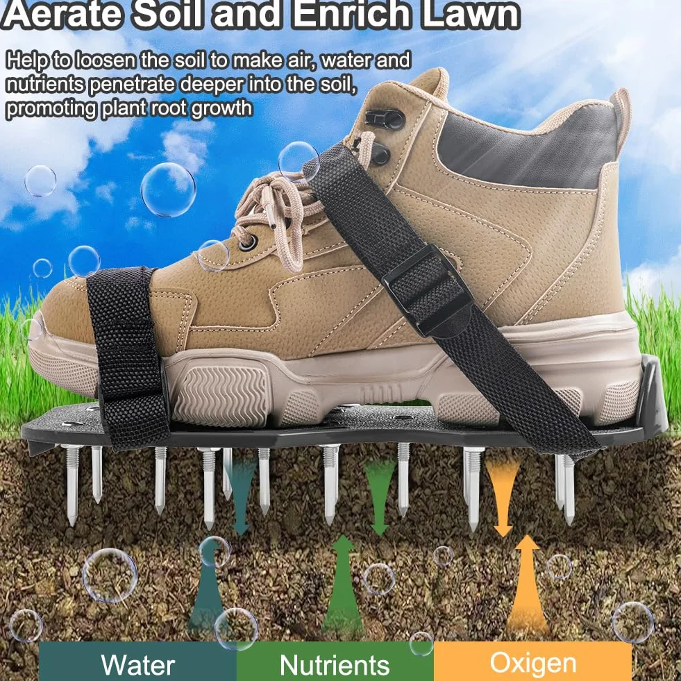 URAQT Zapatos Aireador para Cesped, 1par Suelas Escarificadoras Suela de 29*13CM y Púas de 47mm, Zapatos Aireador Jardin de Tamaño Ajustable,Talla Universal, para Zapatos Aireación en Patio y Jardín