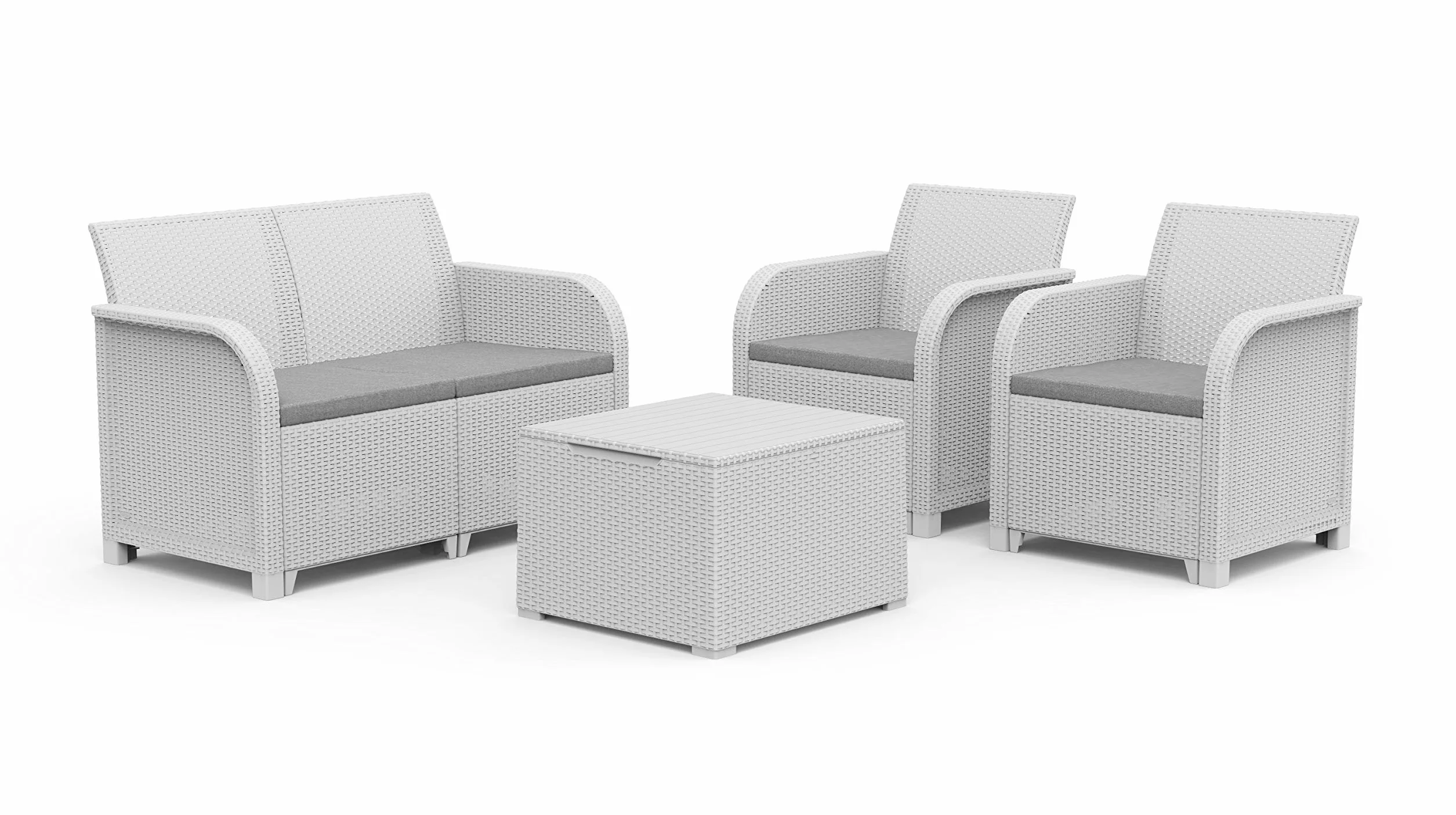 Keter Rosalie Lounge - Juego de Muebles con Cojines - Sillones de 65 x 63 x 74 (alt.) cm - Sofá de 113 x 65 x 74 cm de Altura - Mesa contenedora 60 x 55 x 39