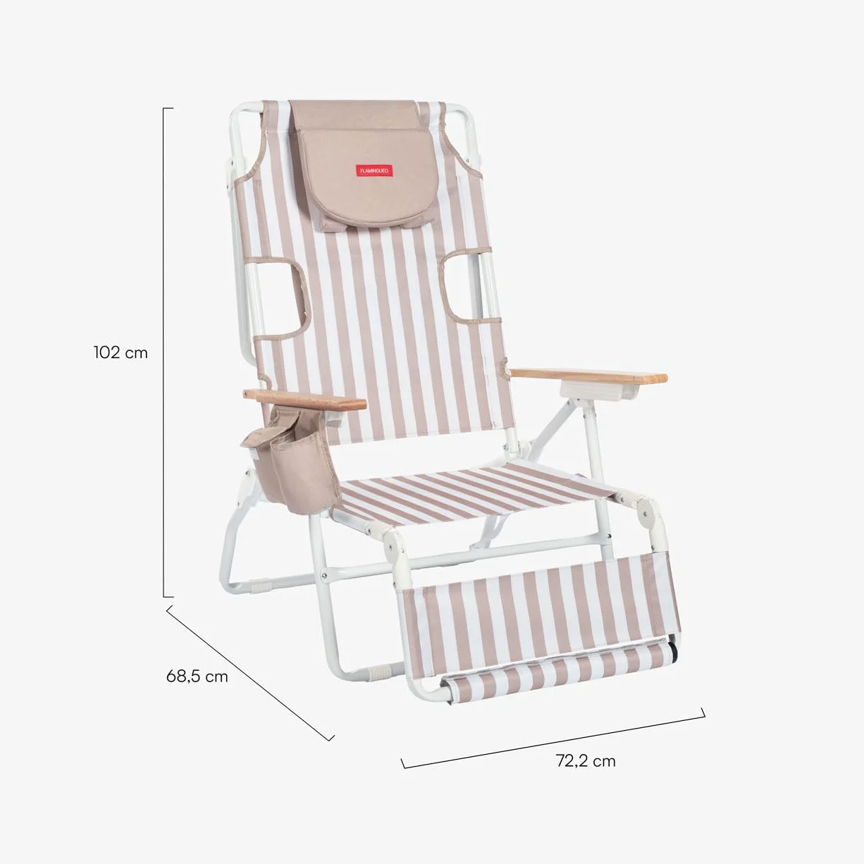 Flamingueo Silla Playa Plegable - Reclinable 5 Posiciones - Agujero Cabeza y Brazos - Reposapiés 3 Posicones - Asas Mochila - Bolsillo Insulado y Posavasos - Aluminio y Poliéster - Beige