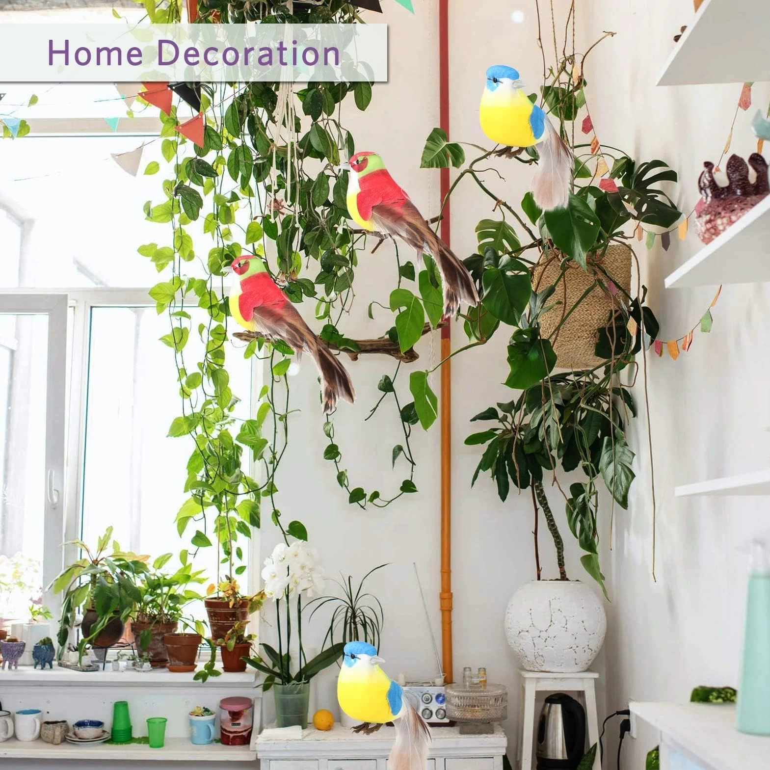 HERCHR Lote de 12 Pájaros Artificiales de Espuma con Plumas, Decoración Multicolor para Jardín, Bodas y Manualidades