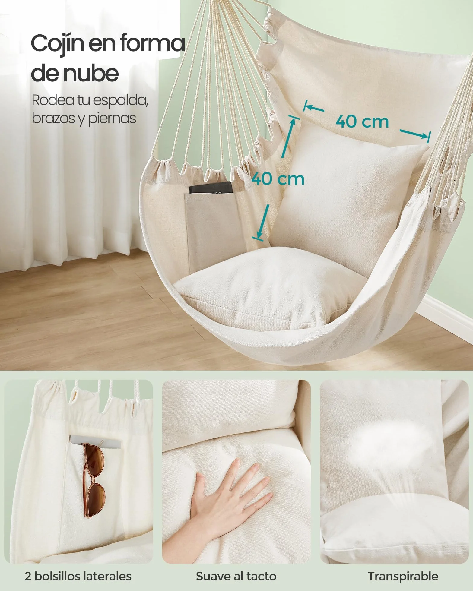 SONGMICS Silla Hamaca, Silla Colgante Grande con 2 Cojines, Silla Colgante con Cadena, Capacidad de Carga 150 kg, para Interior, Exterior, Salón, Dormitorio, Blanco Crema GDC197M01