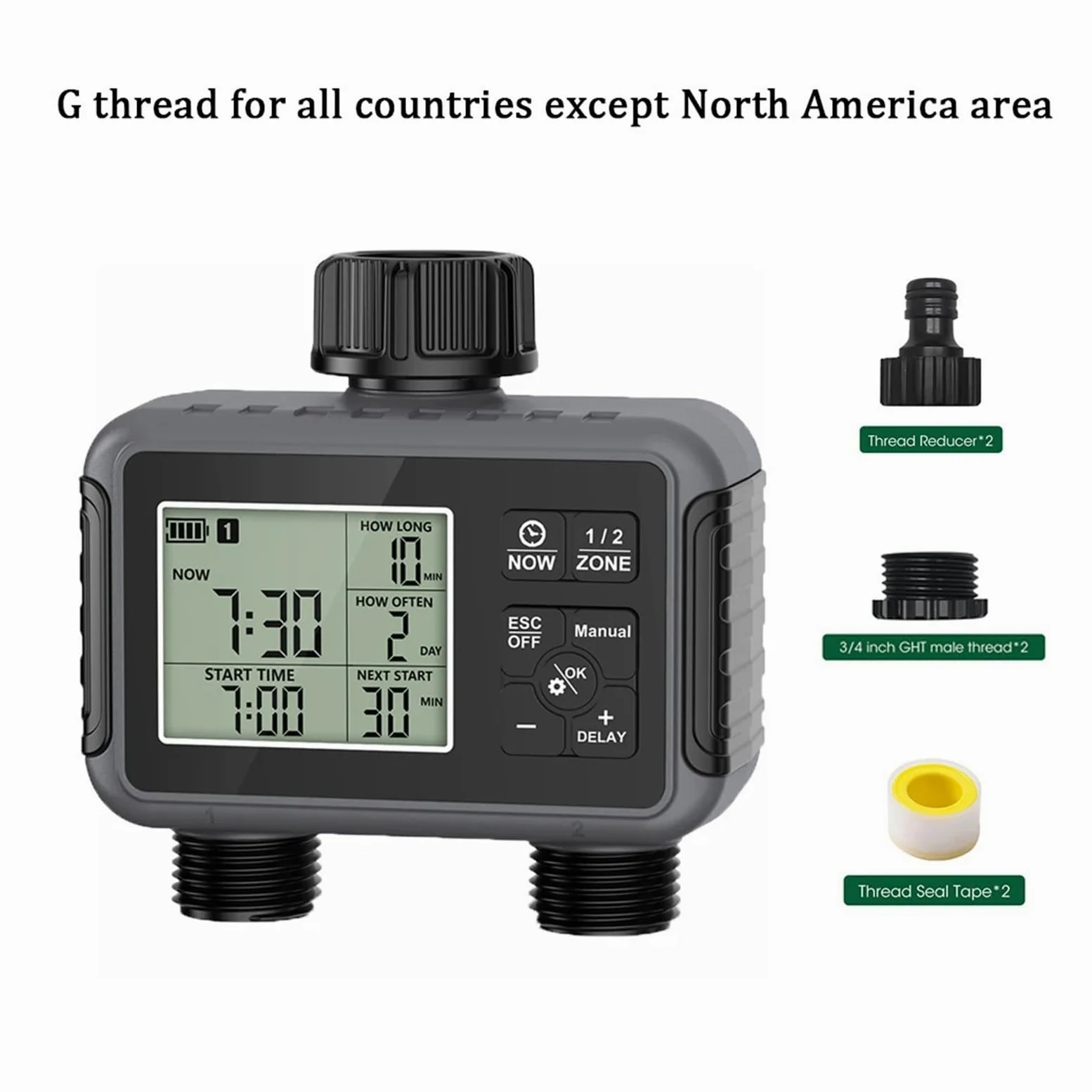 Temporizador de aspersor de 2 zonas programable IPX5 riego de jardín | Temporizador programable for sistemas de riego por goteo y césped.(G thread)
