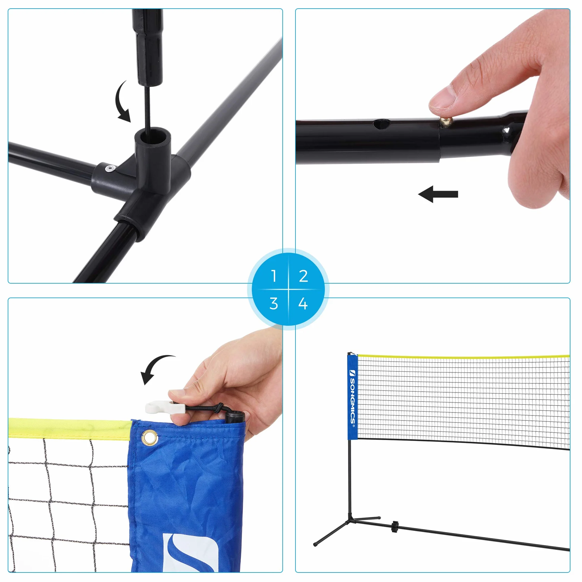 SONGMICS Red de Bádminton 4m, Voleibol, Poste Ajustable, Juego Portátil, Azul y Amarillo