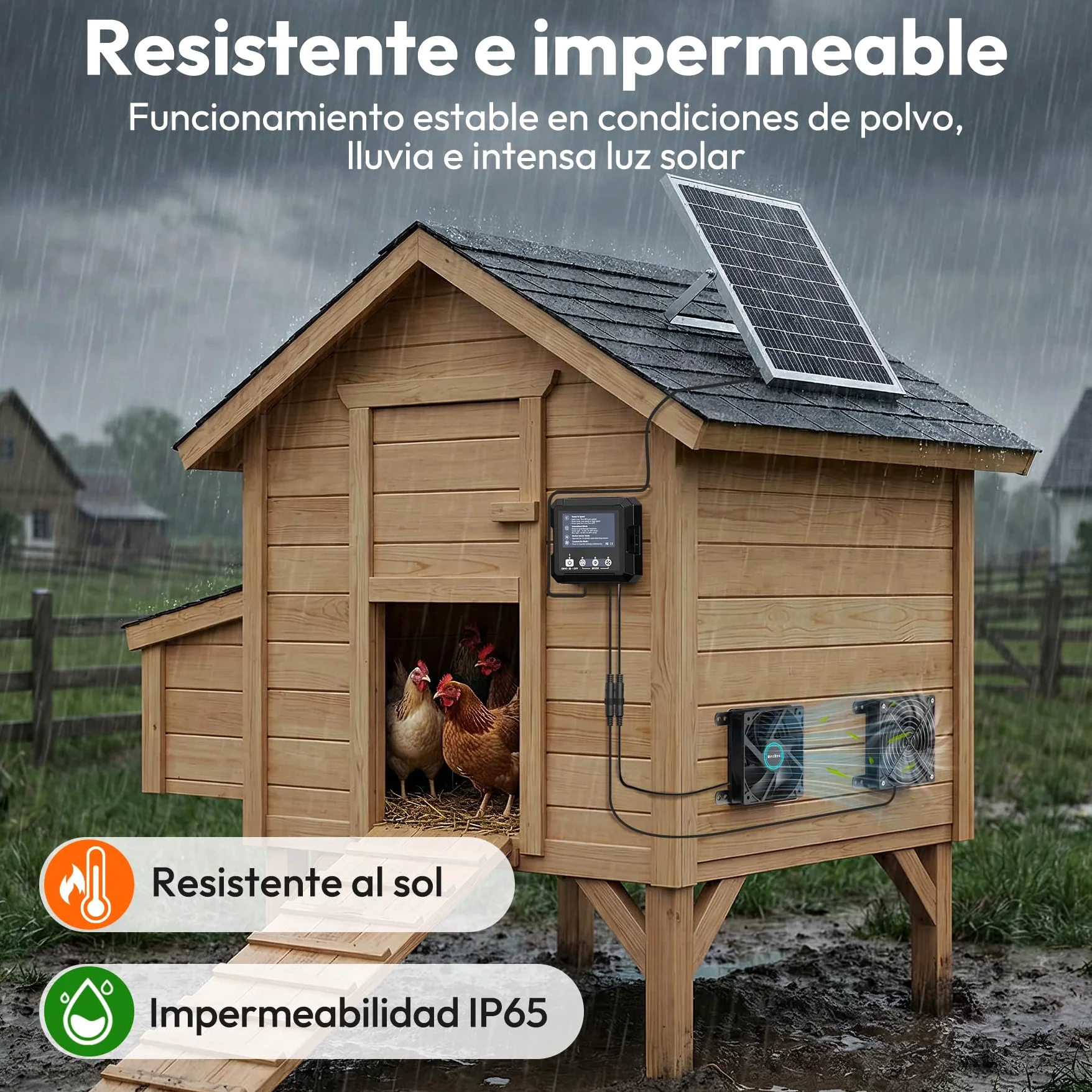 INNOLAND 25W Ventilador Solar para Gallinero con Batería de 7500 mAh | Ventilador Solar Exterior, 3 Modos Inteligentes con Sensor de Movimiento, Ventilador con Panel Solar para Cobertizo | Taller
