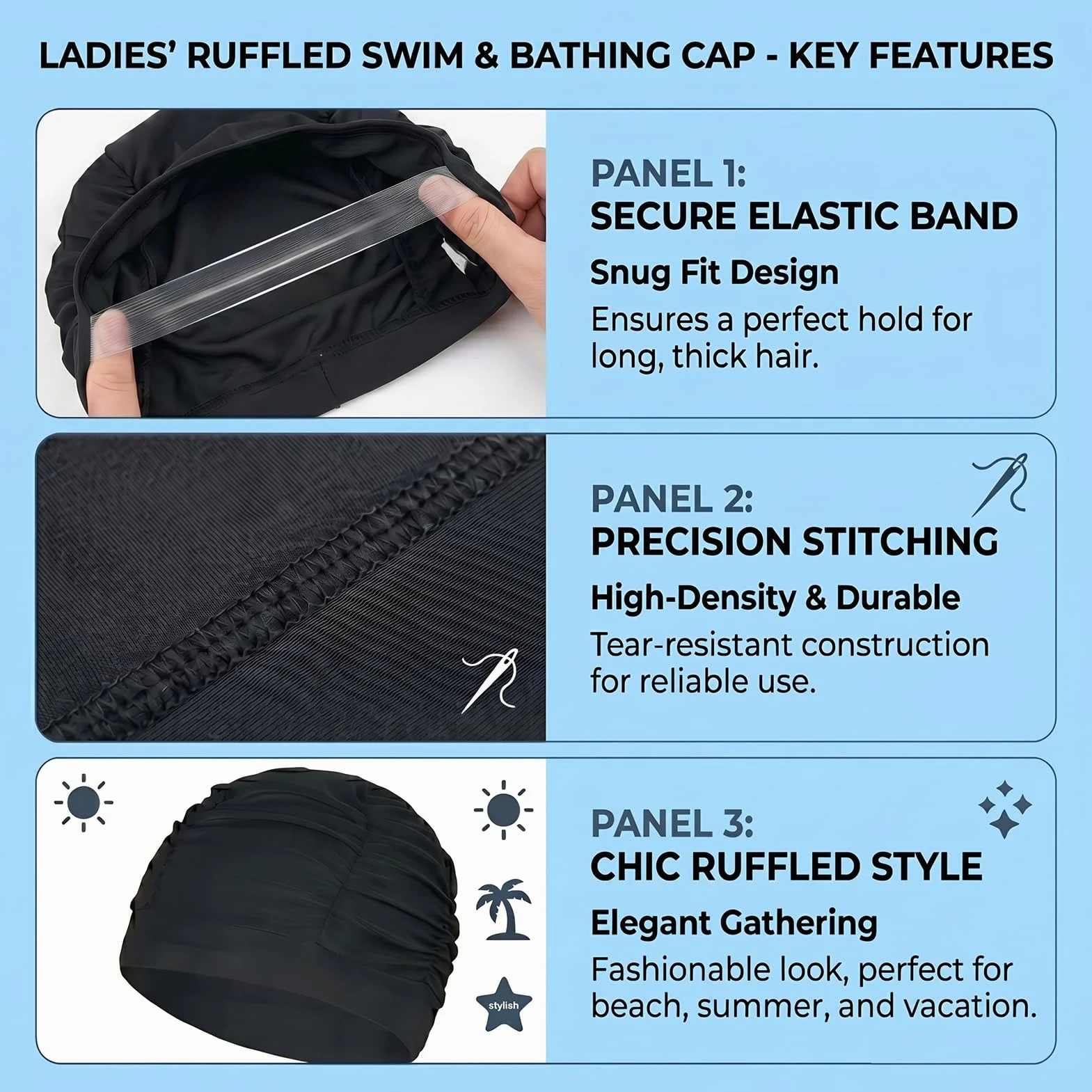 Gorros Piscina Mujer 3 Piezas 25x15mm de Tela Elástica Poliéster, Cómodo Gorro Natación Adulto para Cabello Largo, Playa, Deportes, Proteger Sol Negro