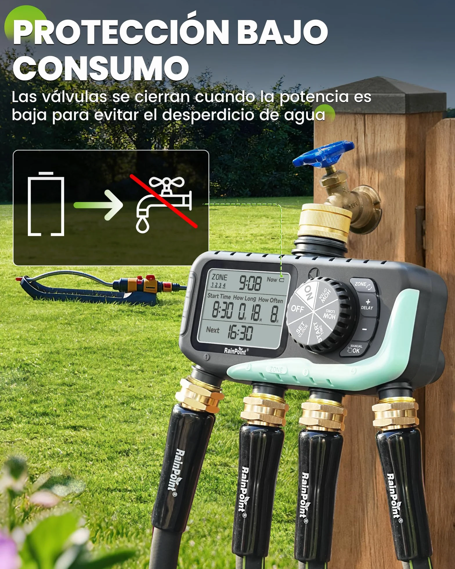 RAINPOINT Programador Riego 4 Salidas, Entrada y Salida de Latón, Impermeable IP65, Temporizador de Riego Automático con Retardo de Lluvia/Riego Manual, para Invernadero, Césped y Jardín