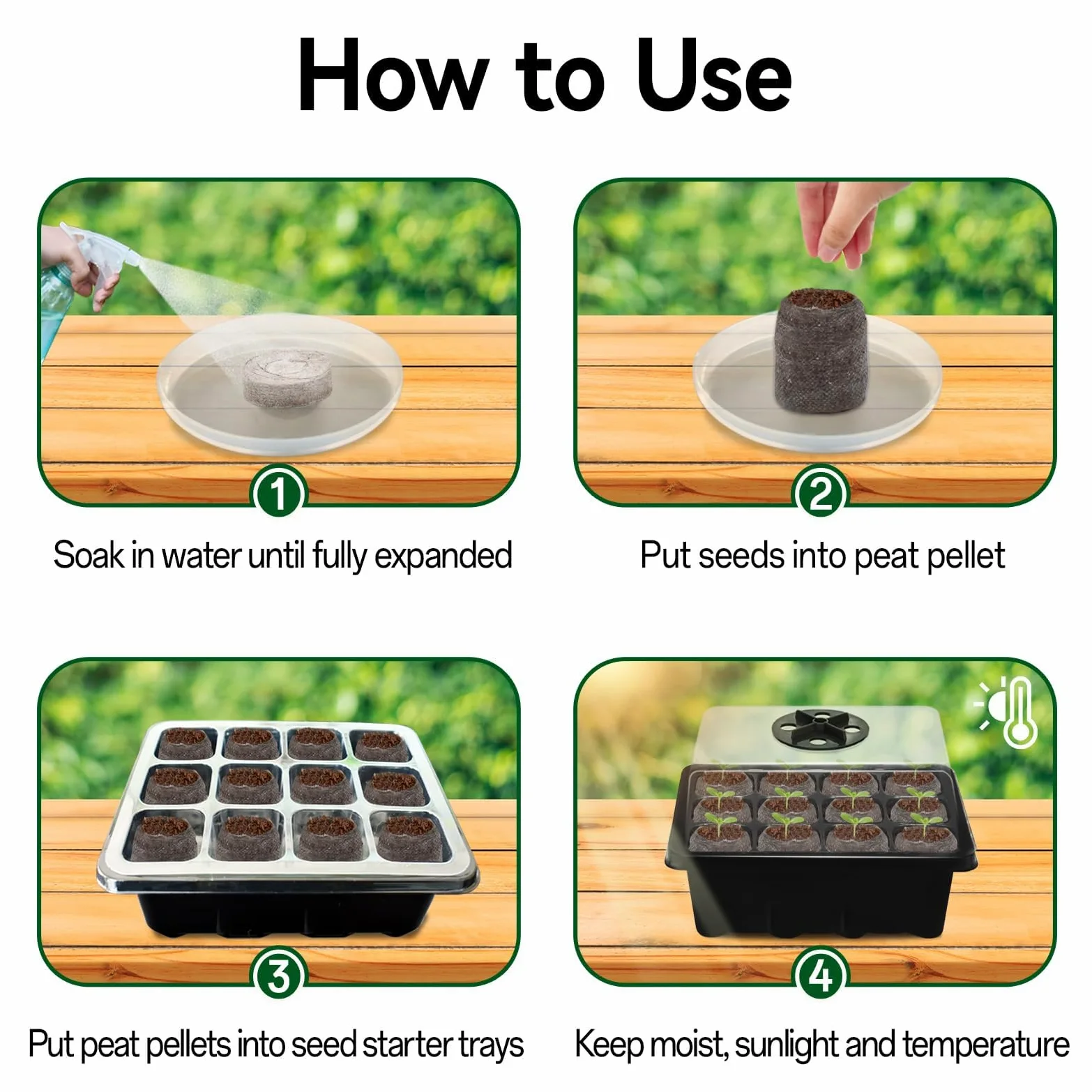 Juego de iniciación de semillas para plántulas, 50 pellets de turba y 48 celdas, mini bandejas de iniciación de plántulas de jardín con cúpula de humedad ventilada para plantas, flores y verduras