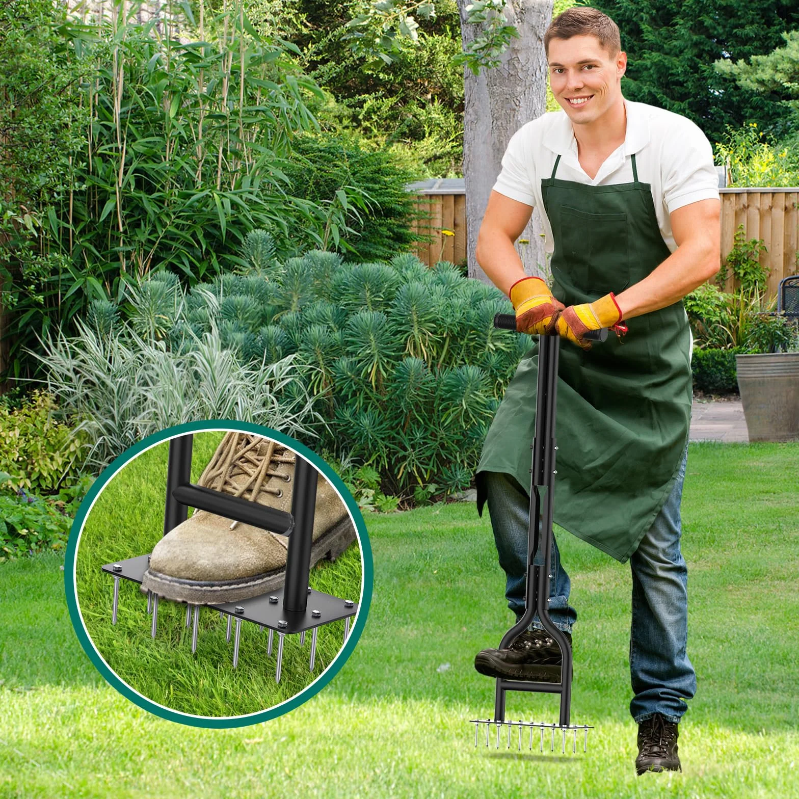 HYCHIKA Aireador Cesped para Cuidado de Suelo y Césped, 15 Pinchos de Acero Macizo, Mango en Forma de T, Escarificador de Cesped Herramientas hortícolas