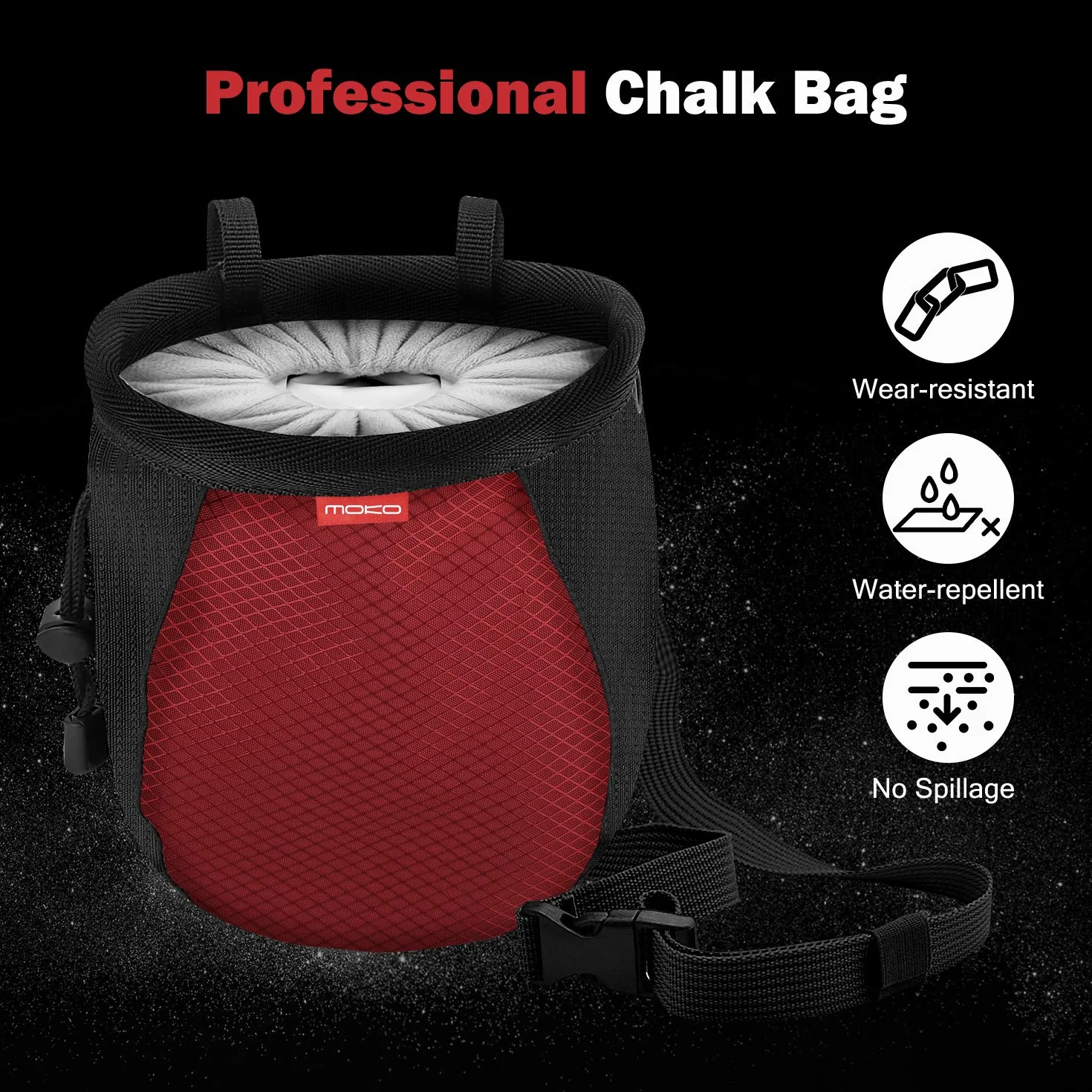 Moko Bolsa de Magnesia para Escalada con Cinturón Ajustable y Bolsillo Cremallera