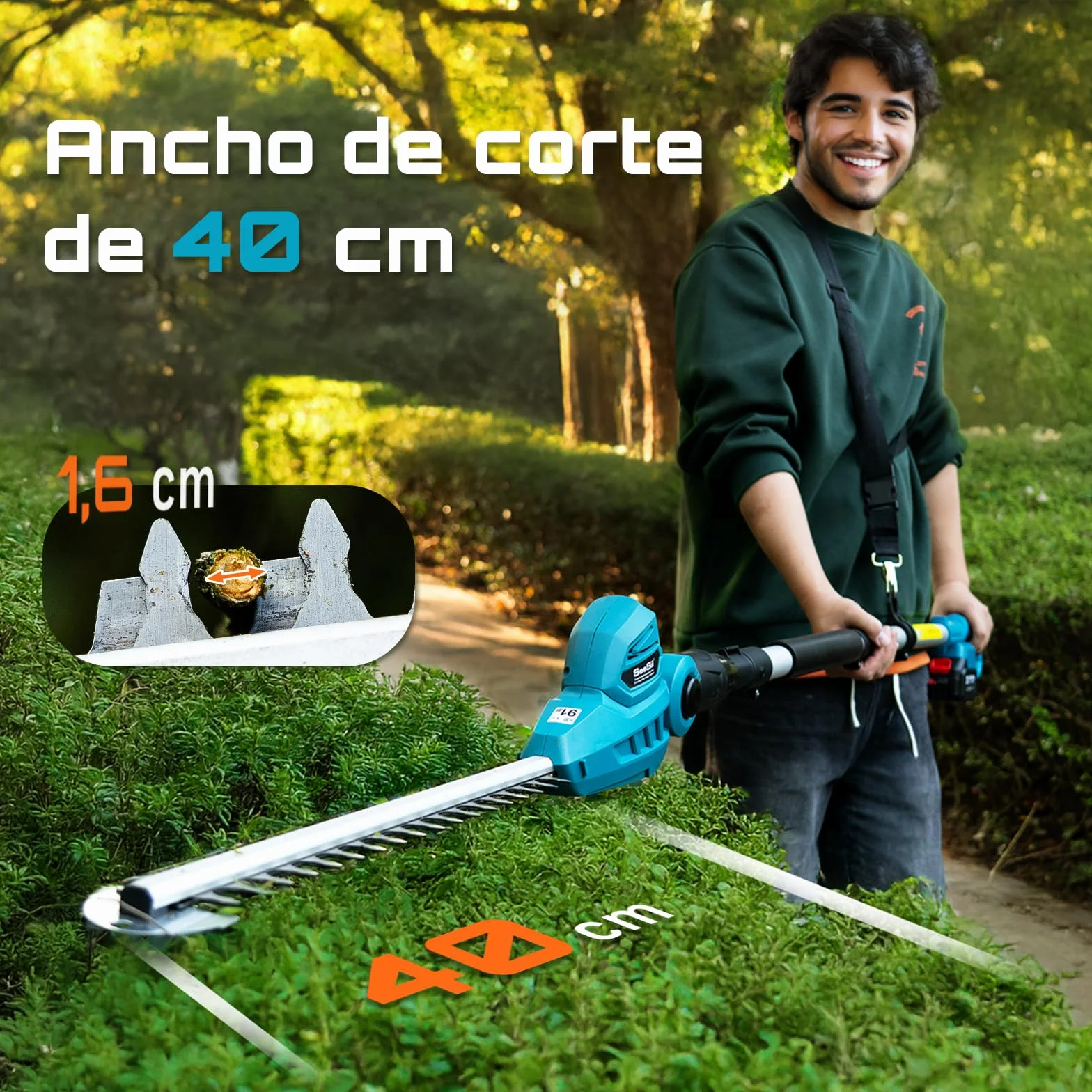 SEESII Cortasetos Telescópico Eléctrico: Cortasetos a Batería con Hoja de Doble Acción de 40 cm, 2 Baterías 4,0Ah, Cabezal Giratorio 135°, para Setos Altos y Arbustos Densos