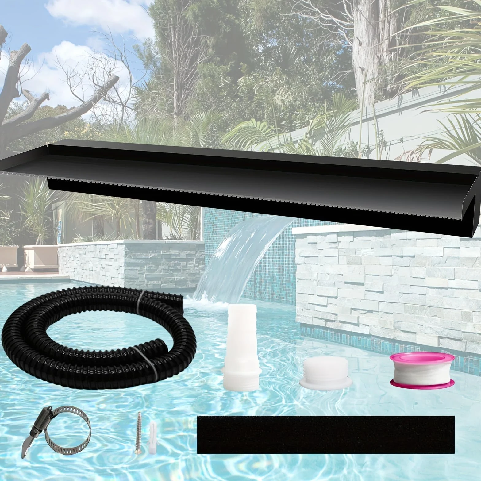 Kit de Fuente de Cascada de Jardín en Acero Inoxidable, Diseño Elegante para Patio, Estanque Exterior Negro con Vista al Agua para Decoración de Terraza - 90x20x10cm (Sin luz)