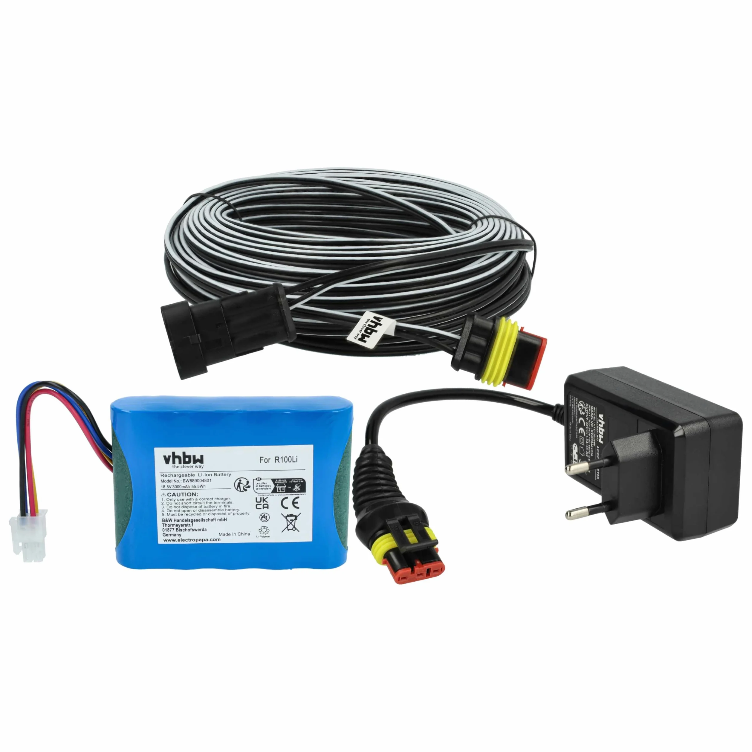 vhbw 1x Fuente alimentación, 1x bateria 3000 mAh, 1x Cable Baja tensión de 30 m Compatible con Flymo EasiLife Go 500, Go 200, Go 250 cortacésped