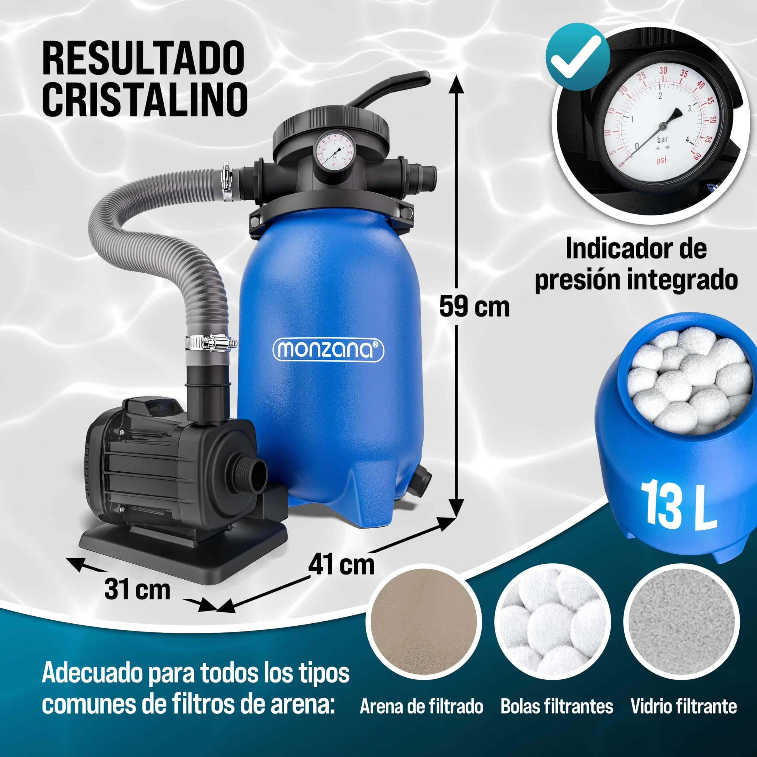 MONZANA® Depuradora Piscina 5000 L/h Filtro de Arena hasta 15.000 L con Bolas de Filtro Válvula 7 Funciones Filtrado Adaptador Ø32-38mm 180W Bomba Indicador de Presión