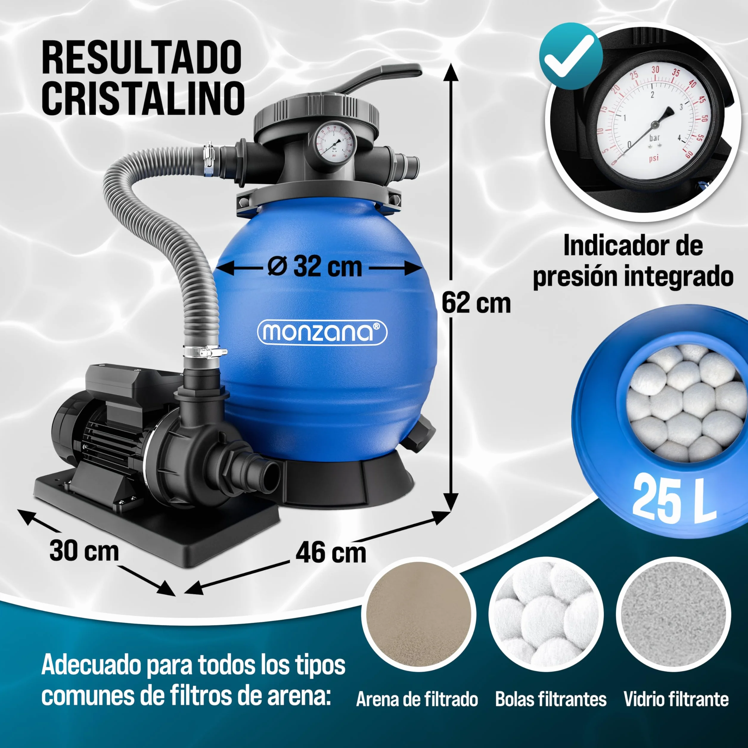 MONZANA® Depuradora Piscina 10.200 L/h Filtro de Arena hasta 35.000 L Bomba 400W Válvula 7 Funciones Filtrado Adaptador Ø32-38 mm Indicador de Presión