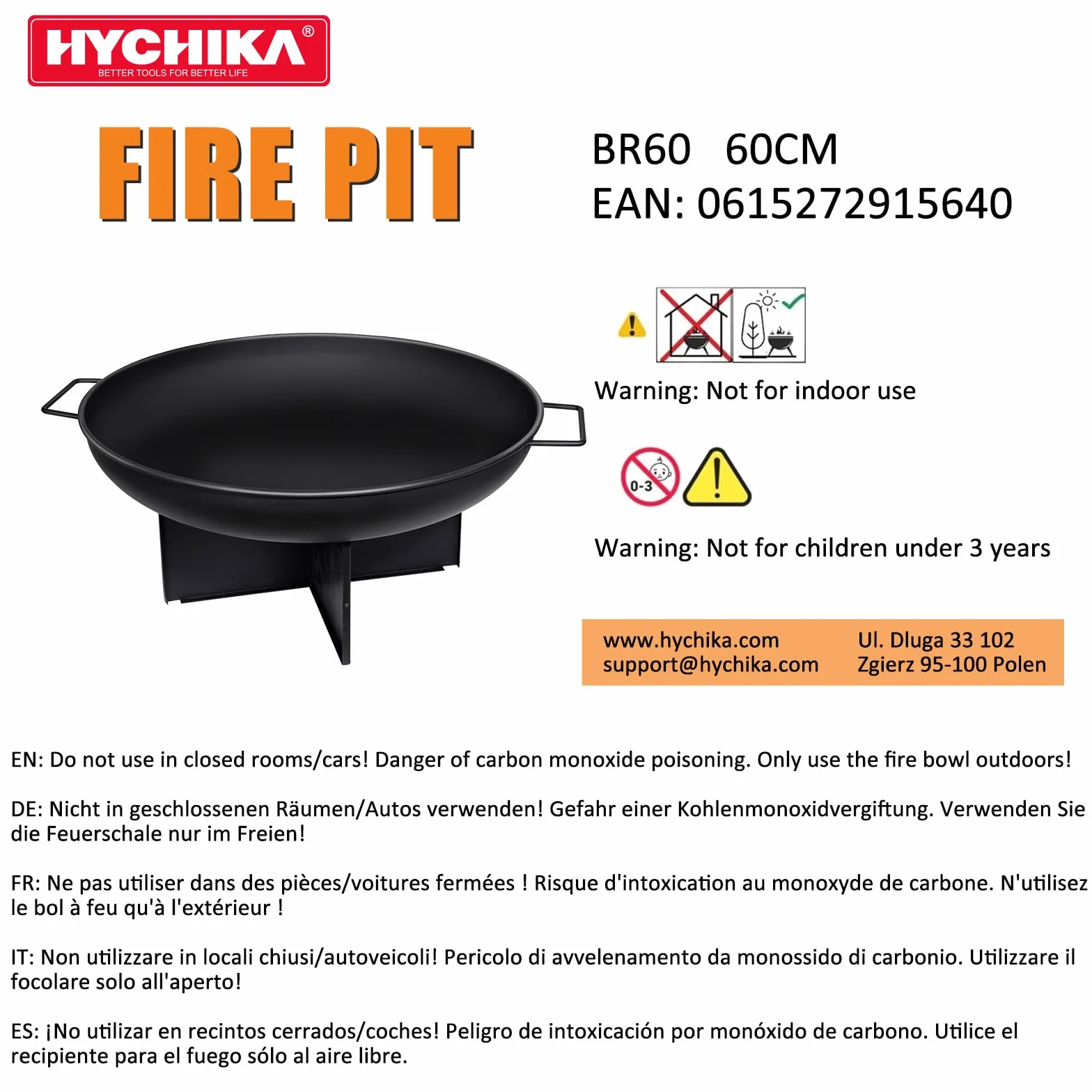 HYCHIKA Brasero Exterior 60cm para Jardín y Camping - Cuenco de Fuego Pozo Hoguera - Ideal para Exteriores y Outdoor Fire Pit