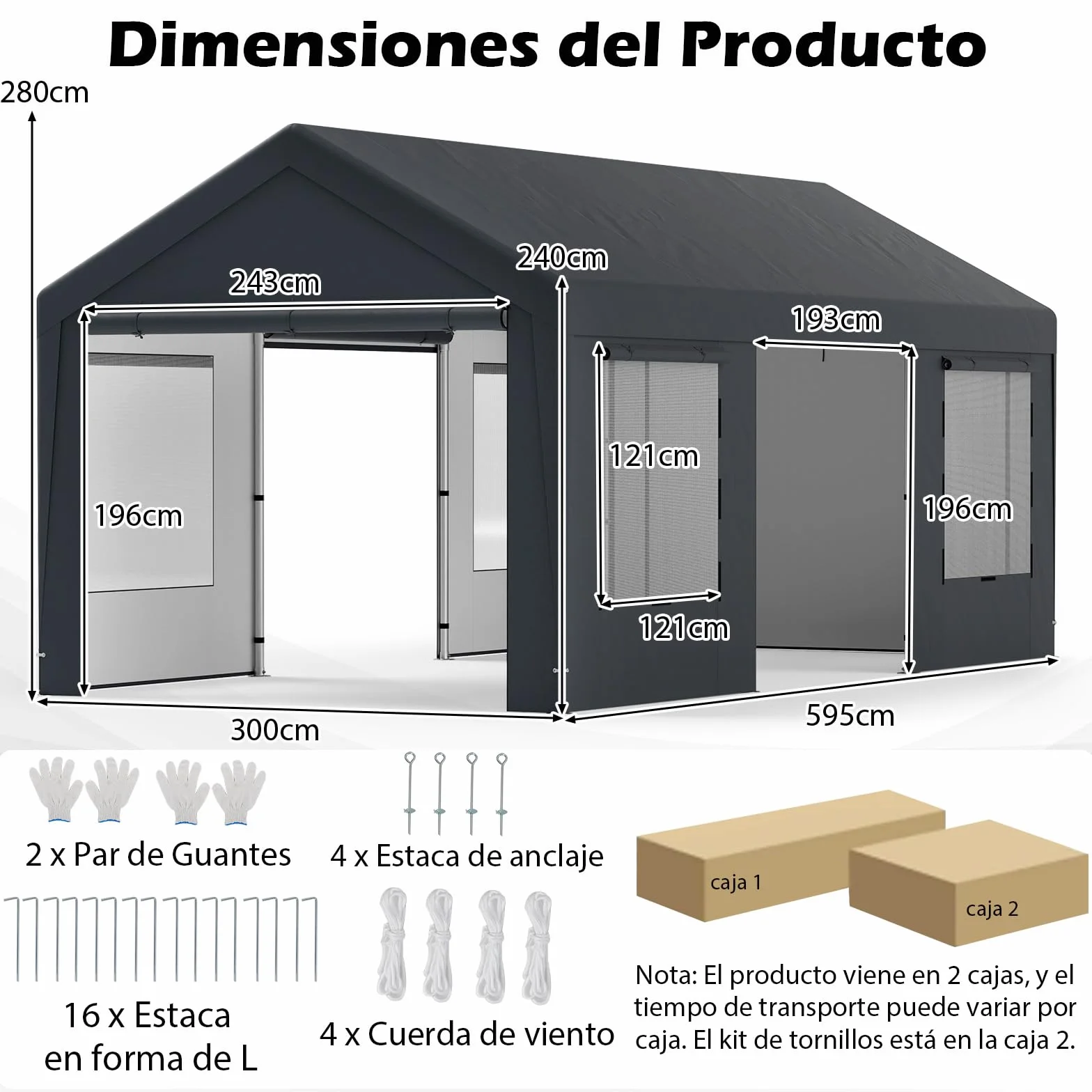 COSTWAY Garaje Exterior para Coche 5,95 X 3 m, 8 Paredes Laterales Desmontables, Puertas Enrollables, Ventanas Ventiladas, Carpa para Garaje para SUV Camión
