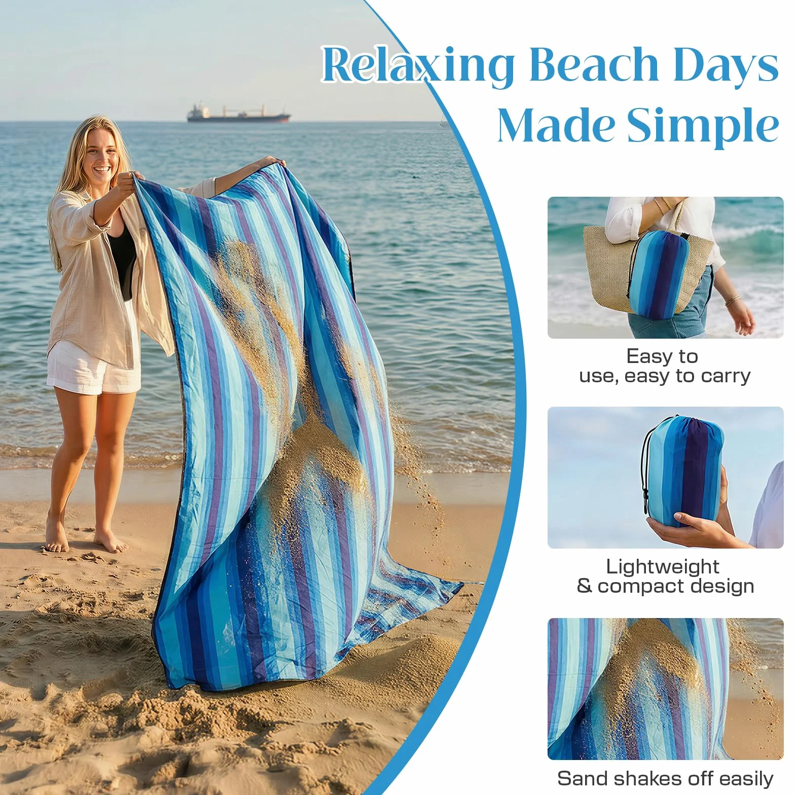 Manta de Picnic Impermeable 213 x 213 cm, Manta de Playa sin Arena, Manta Picnic con 4 piquetas y mosquetones, para Familia, jardín, Senderismo, Rayas Azules